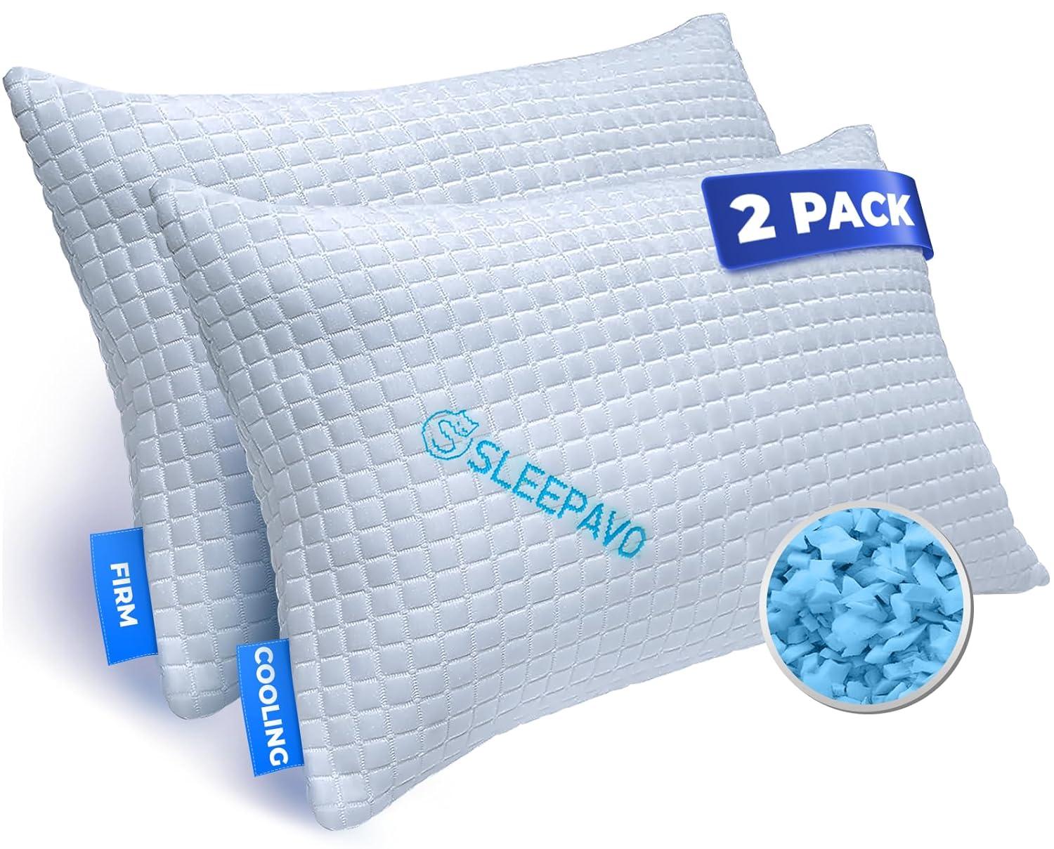 Queen Size Shredded Memory Foam Bed Pillows -  2 Pack Extra Firm Pillows (Set of 2)