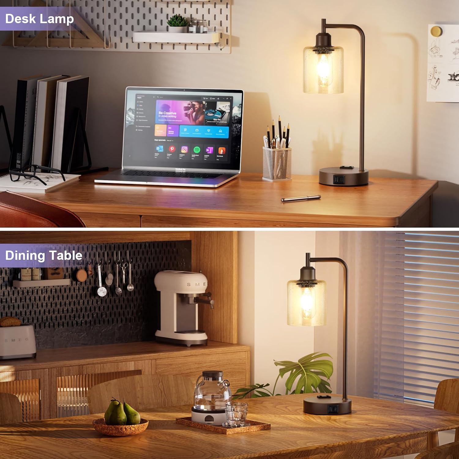 Latitude Run® Industrial Touch Table Lamps for Bedrooms Set of 2 - 3-Way Dimmable Nightstand Lamps with USB C+A Ports and Outlet, Bedside Lamps with Glass Shade for Living Room, Desk Lamps for Home Office