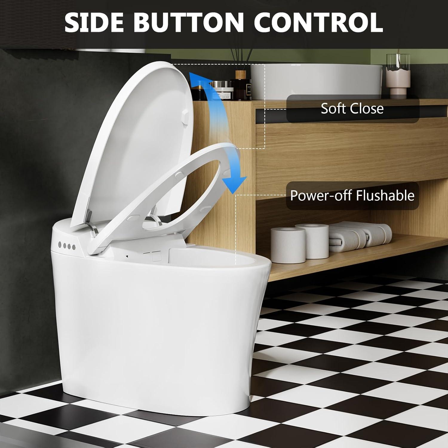 Smart Toilet with Warm Water Sprayer, Foot Sensor Operation, Heated Bidet Seat, Raised Tankless Toilet with LED Display