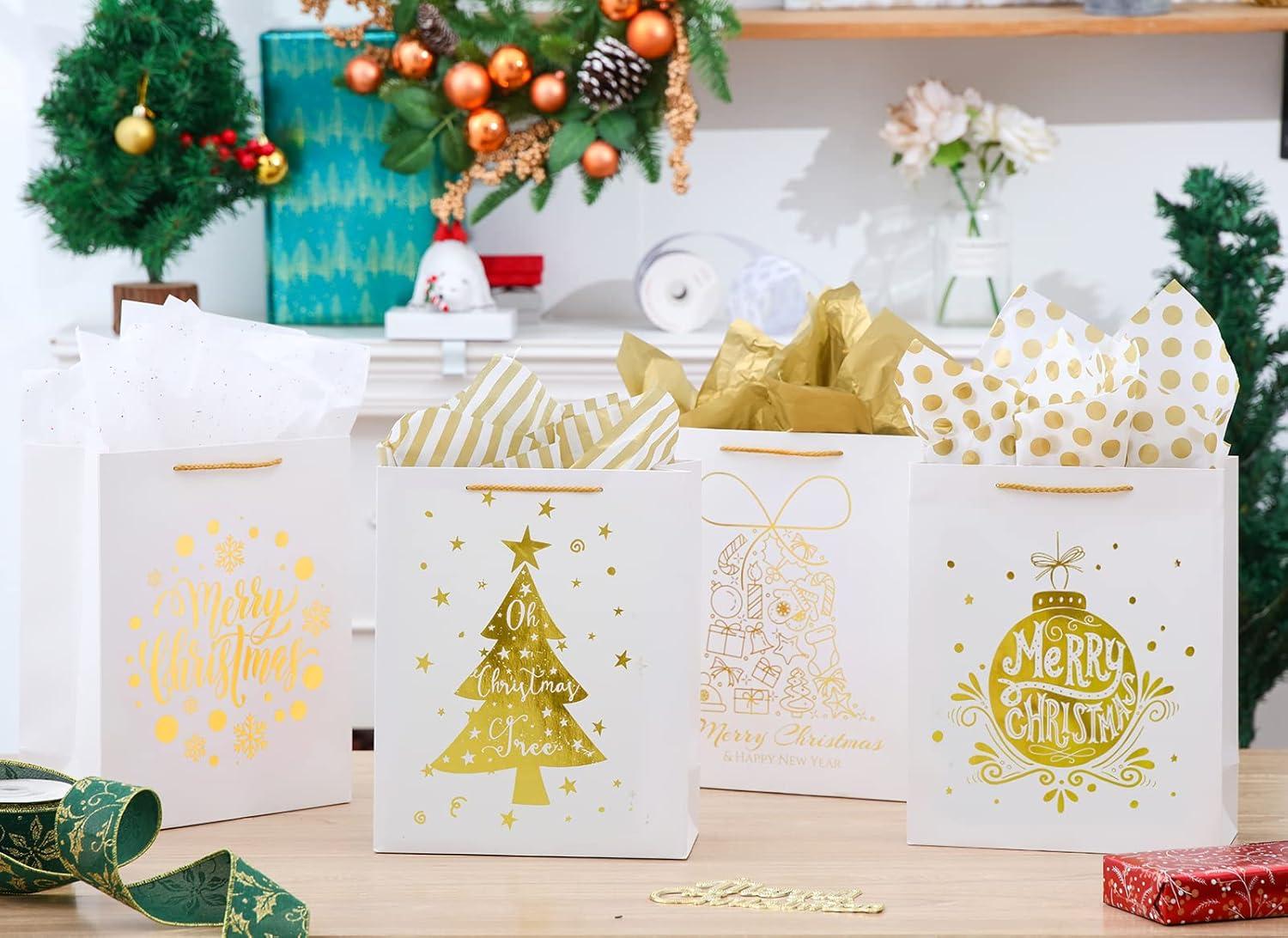 UNIQOOO 12Pcs Large White & Metallic Gold Foil Gift Bags, 4 Assorted Xmas Tree Snowflake Designs, Perfect for Christmas Thanksgiving New Year Party Favor