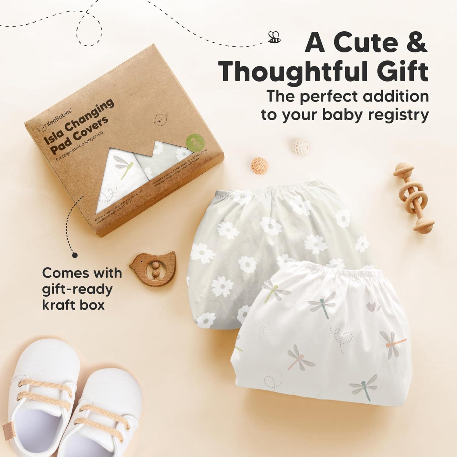 2pk Isla Changing Pad Covers for Girl, Boy, Soft Contoured Diaper Changing Table Pad Cover Sheets Neutral (Meadow)