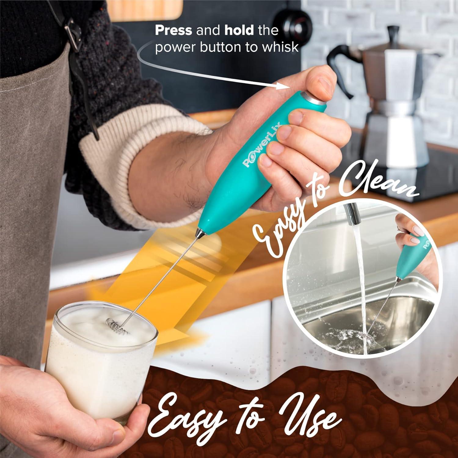 PowerLix Milk Frother Handheld Battery Operated Electric Whisk Foam Maker For Coffee With Stainless Steel Stand Included  - Carribean Aqua