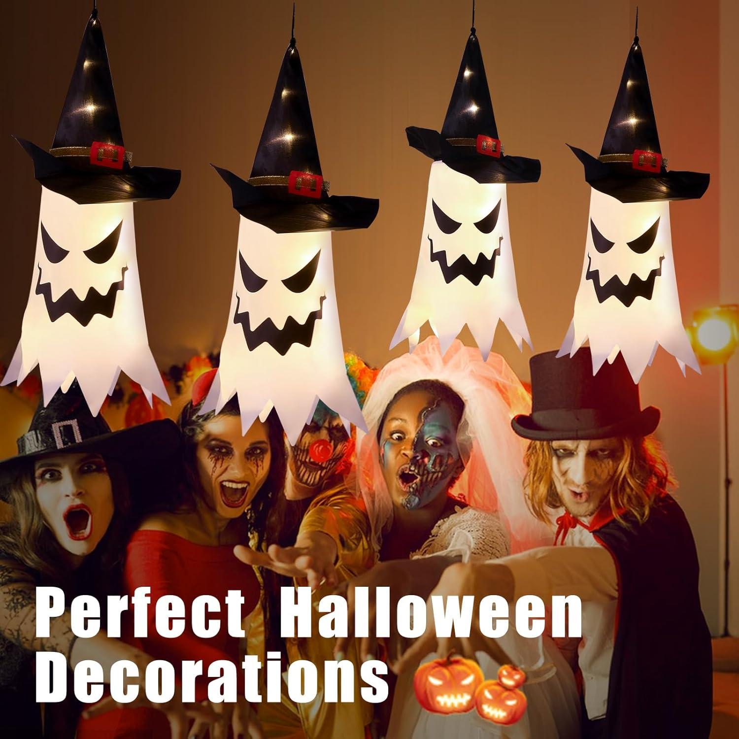 Set Of 4 Ghost Indoor Halloween Decorations, Halloween Party Decoration, Ghost Hat, With Led Colorful Light String