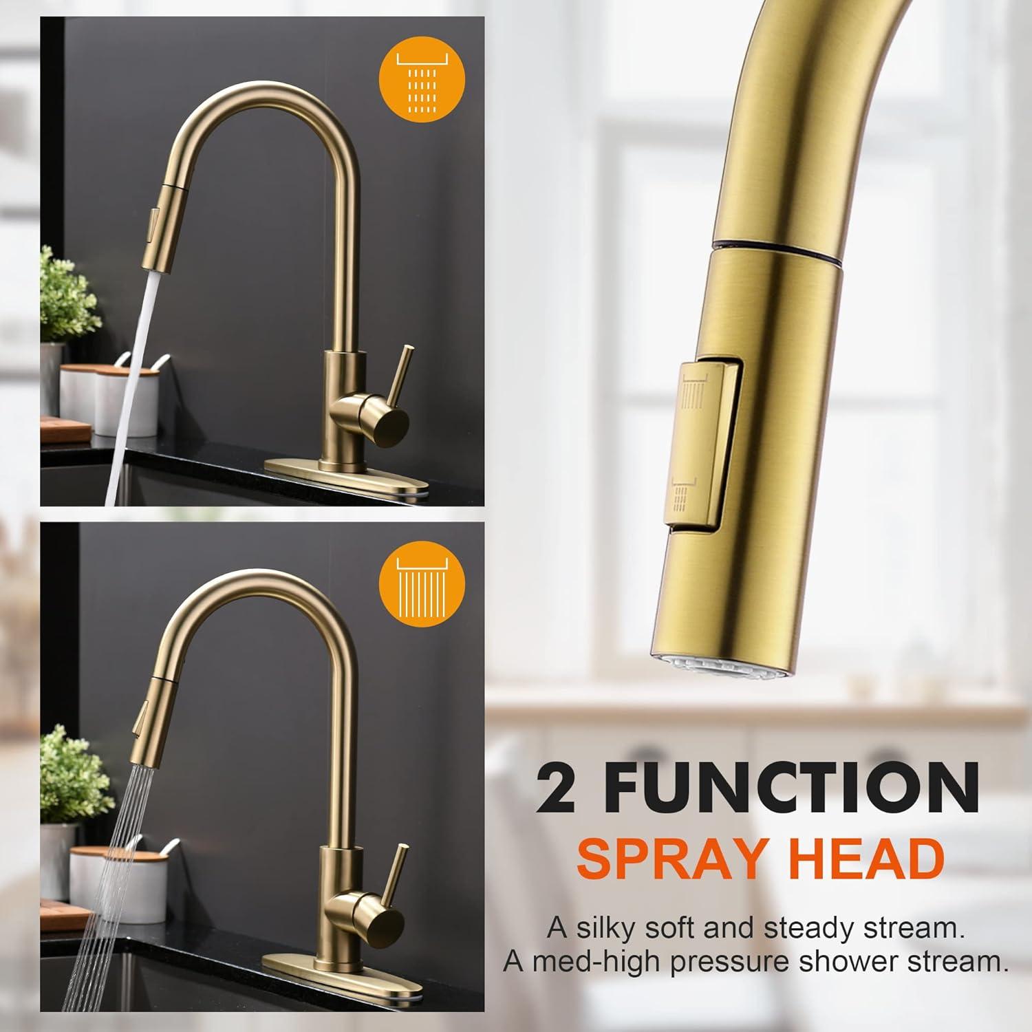 Kitchen Faucet Single Handle Stainless Steel Kitchen Sink Faucet with Pull Out Sprayer Brushed Gold Sprayer and Handle