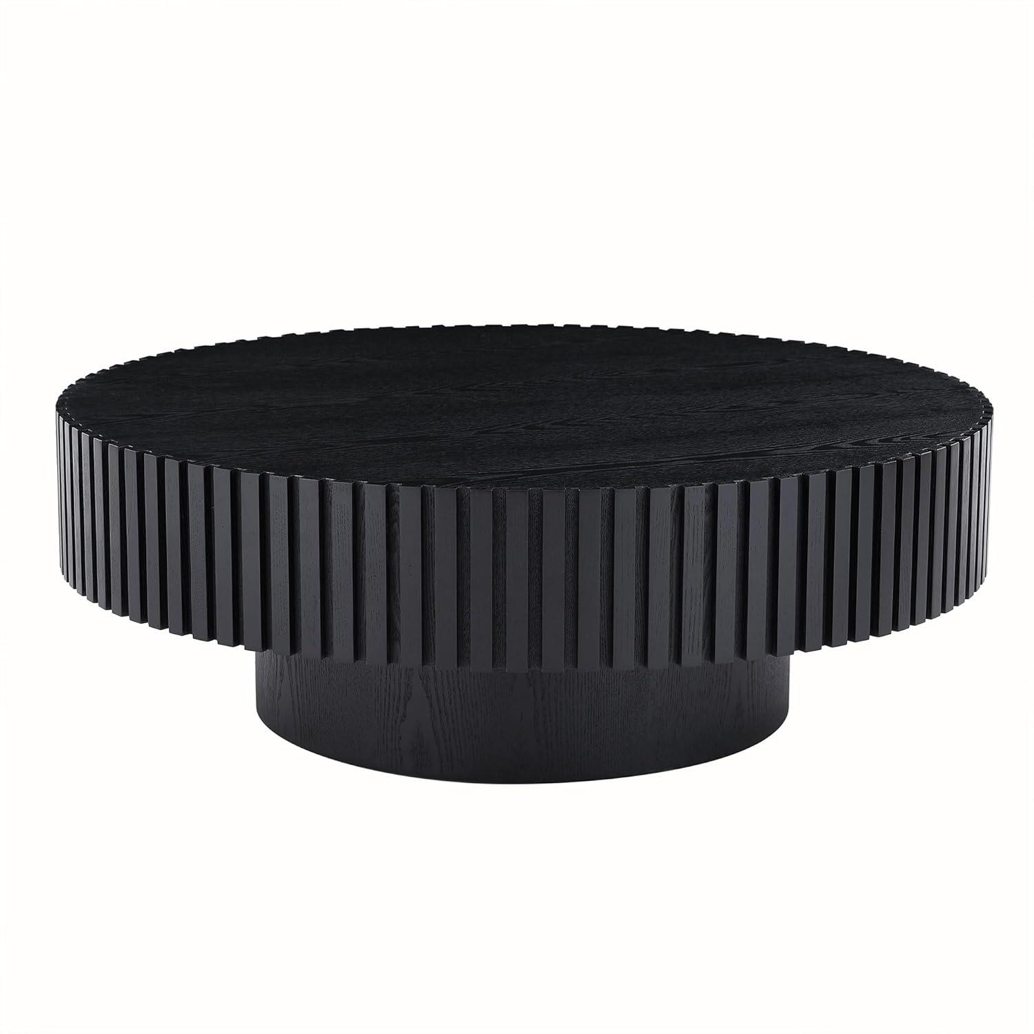 LUMISOL Round Coffee Table for Livng Room, Modern Handcraft Drum Center Table with Sturdy Pedestal, Fluted Circle End Table for Office, Apartment, Small Space, Black