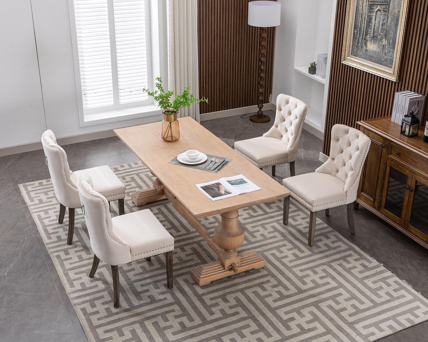 SoarFlash Velvet Dining Chairs Set of 4, Tall Back Side Chair, Modern Upholstered High-end Tufted Side Chair with Button Back Ring, Solid Wood Legs (Beige)