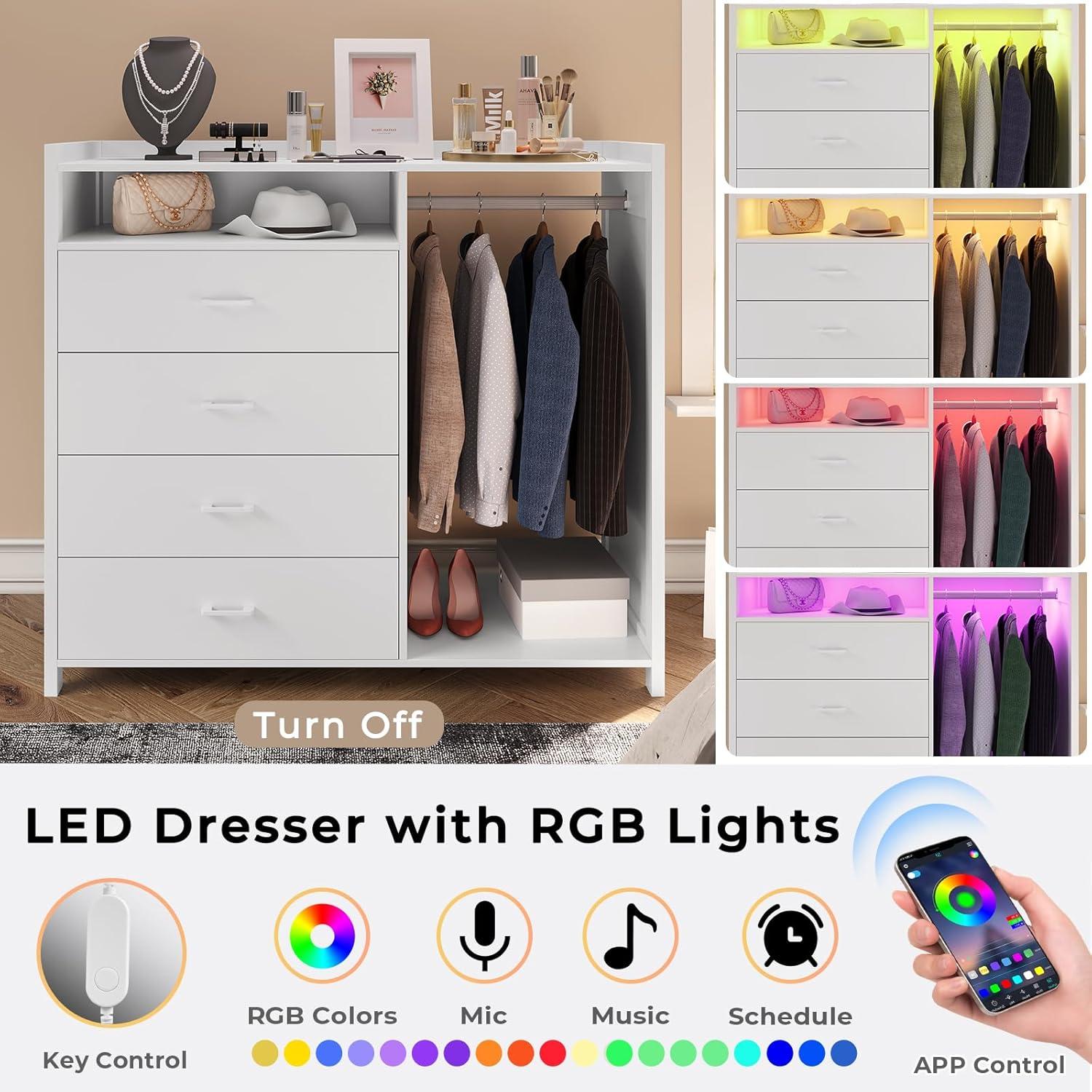 4 Drawer Dresser with Clothing Rack and LED Lights, Modern LED Dresser for Bedroom, Black