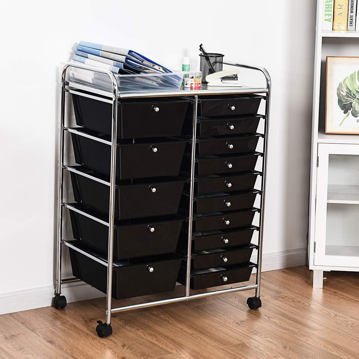 15-drawer Utility Organizer Rolling Cart with Wheels Black