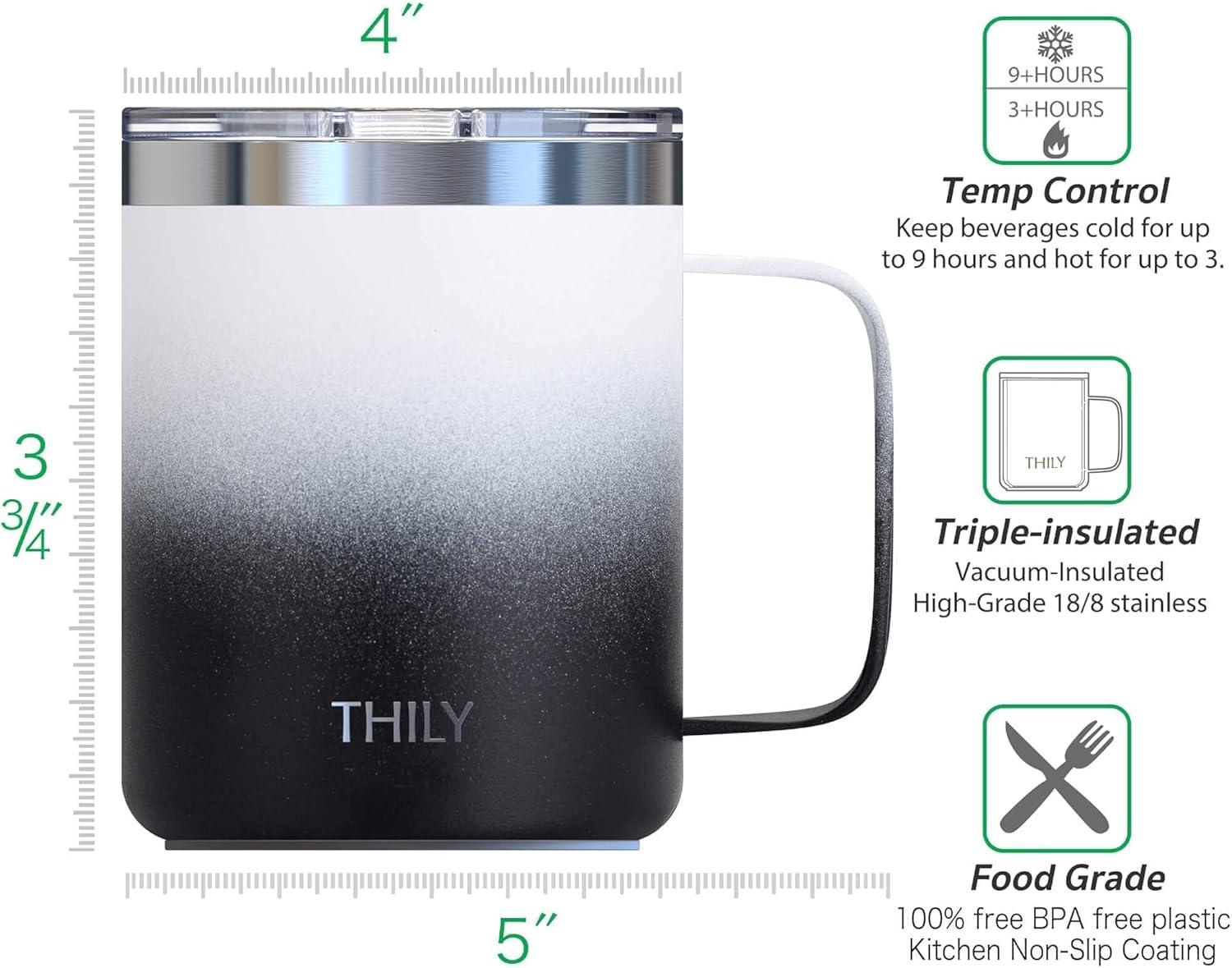 Vacuum Insulated Travel 12 oz Coffee Mug with Handle, THILY Stainless Steel Cup with Spill-Proof Lid, Keep Coffee Cold, Great for Camping, White Marble