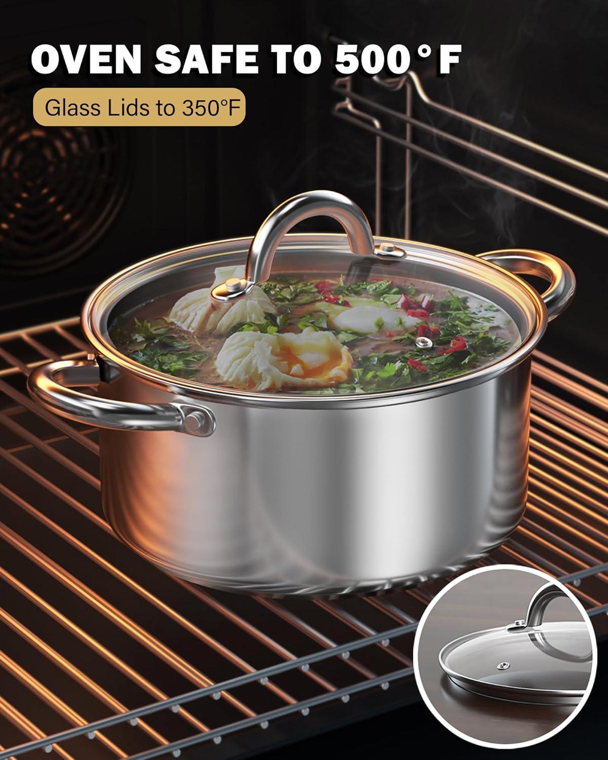 Cook N Home Sauce Pot Stainless Steel Stockpot with Glass Lid, Basic Saucier Casserole Pan Set, 6-Piece