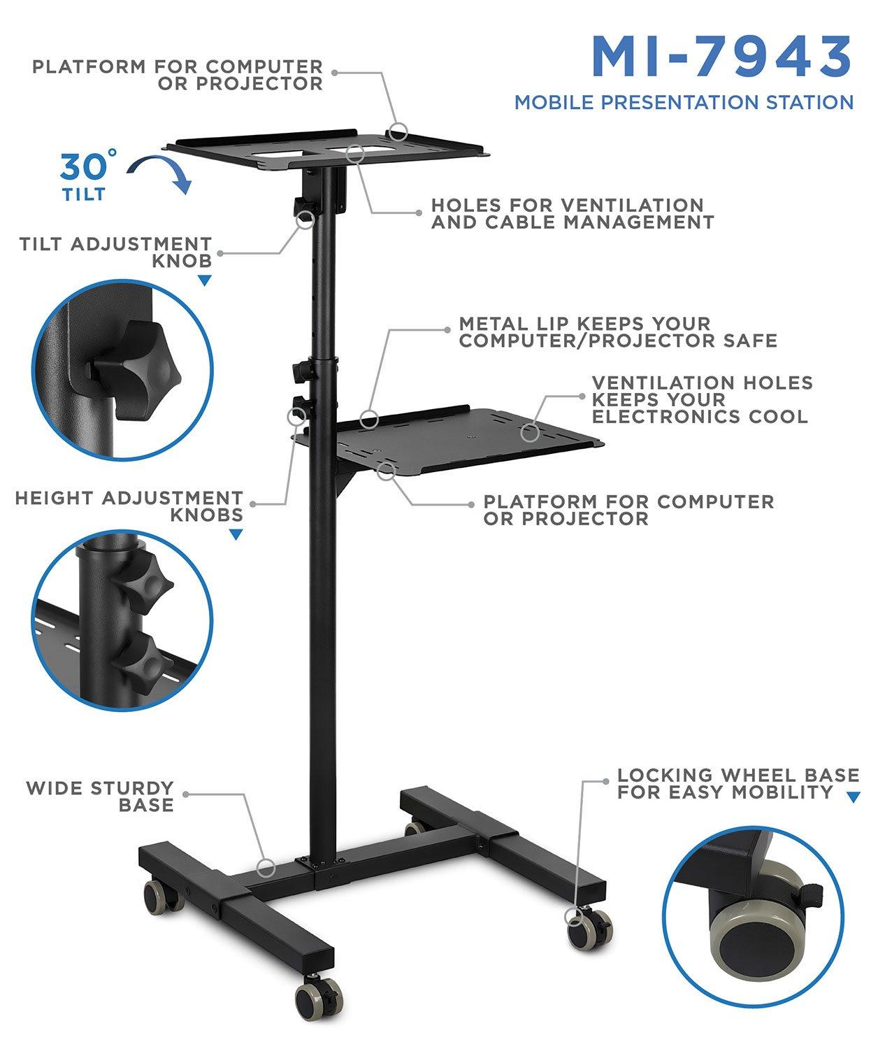 Mount-it Mount-It! Mobile Projector and Laptop Stand with 2 Shelves, Rolling Cart