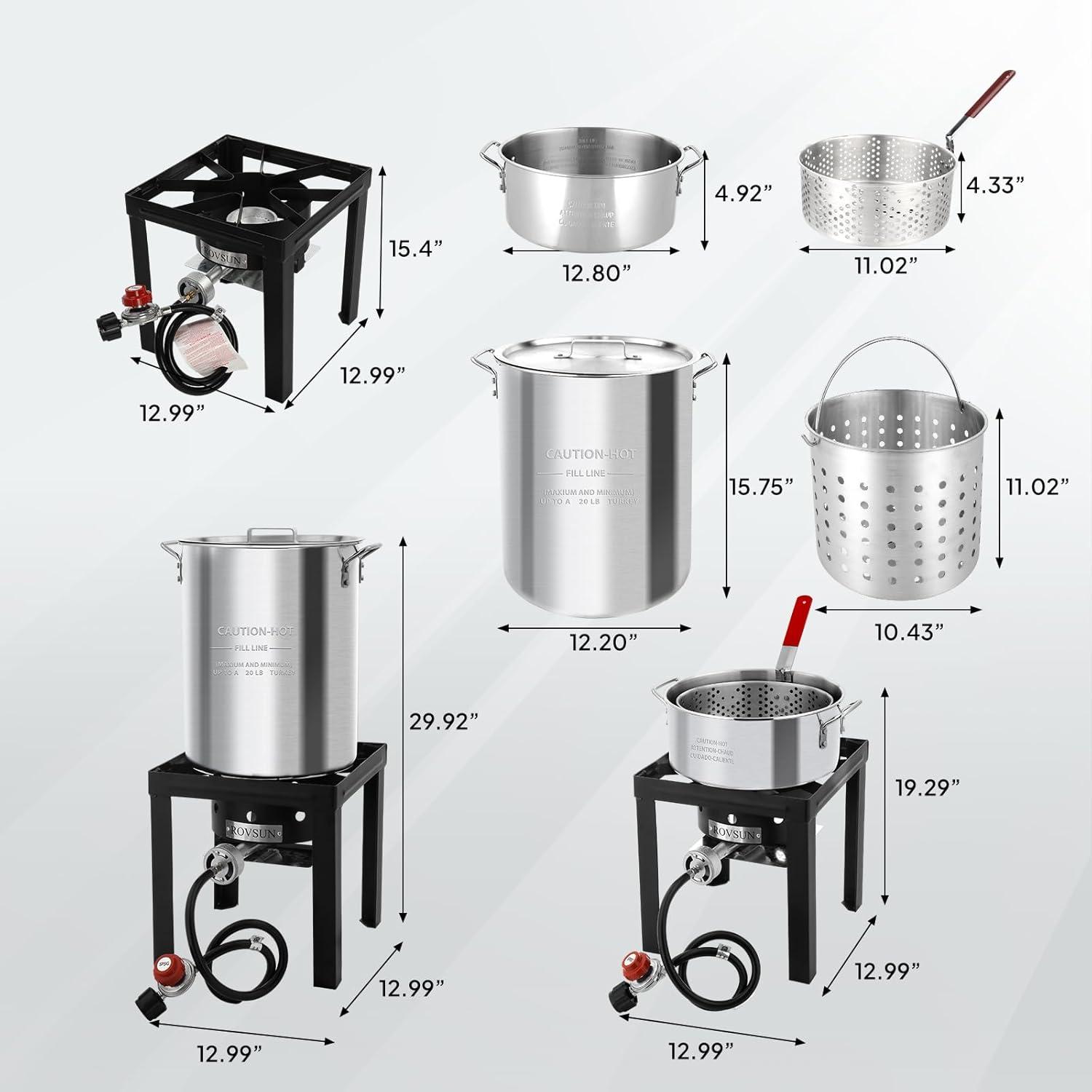 ROVSUN 30QT Turkey Fryer & 10QT Fish Fryer with 55000BTU Propane Burner, Outdoor Deep Fryer & Seafood Crawfish Boiler Steamer Pot with Thermometer, Marinade Injector, Turkey Rack & Rack Lifter