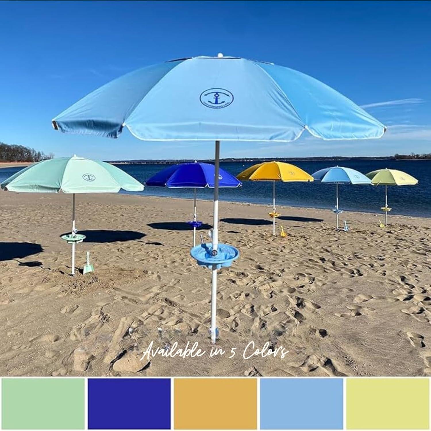 Anchor Works: Classic Beach Umbrella & AnchorONE Kit – Sky Blue - 7.5ft, Carry Bag, Sand Shovel & Drink Tray, UV-Protected, Outdoor Sun Canopy