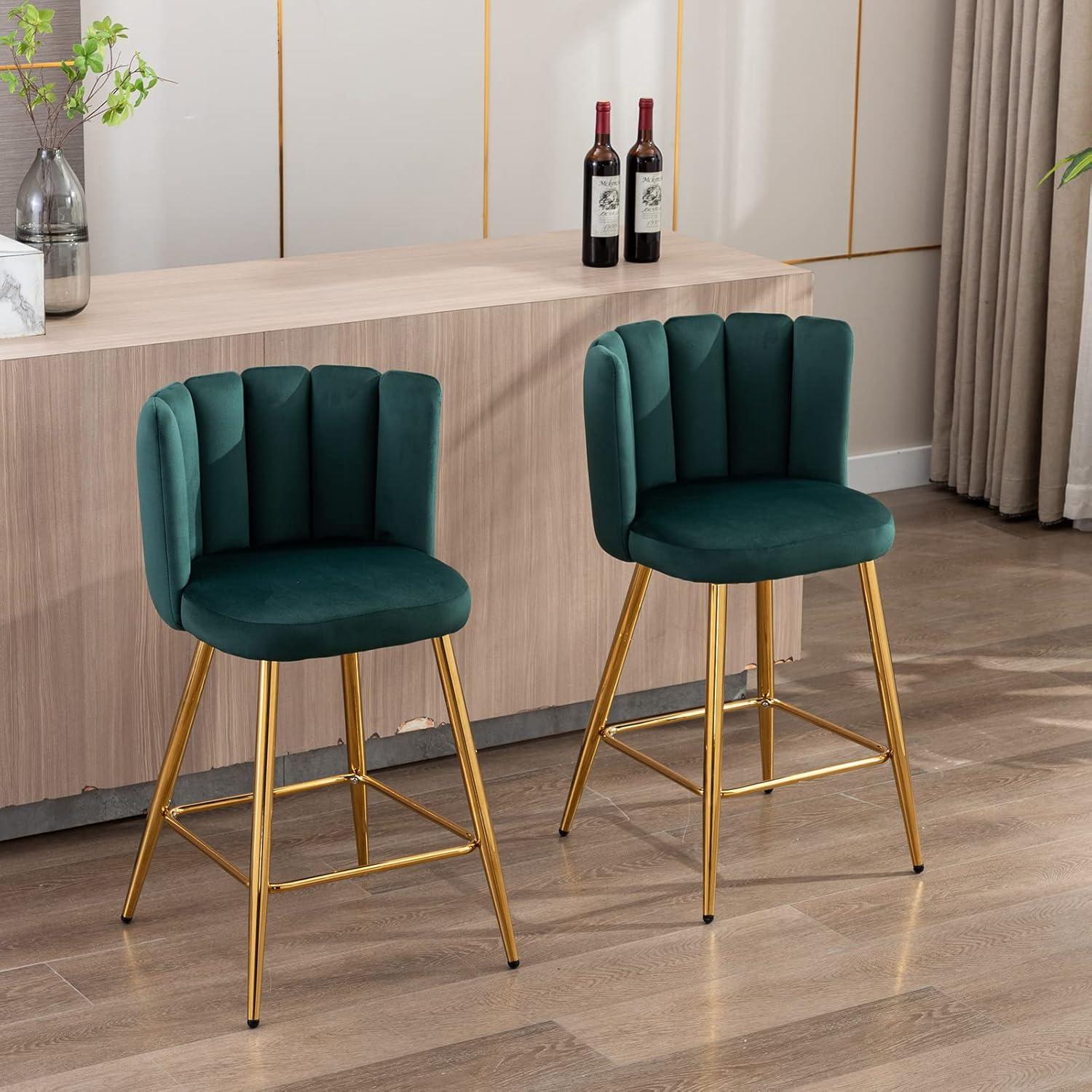 Green Velvet Upholstered Bar Stools with Gold Iron Frame, Set of 2