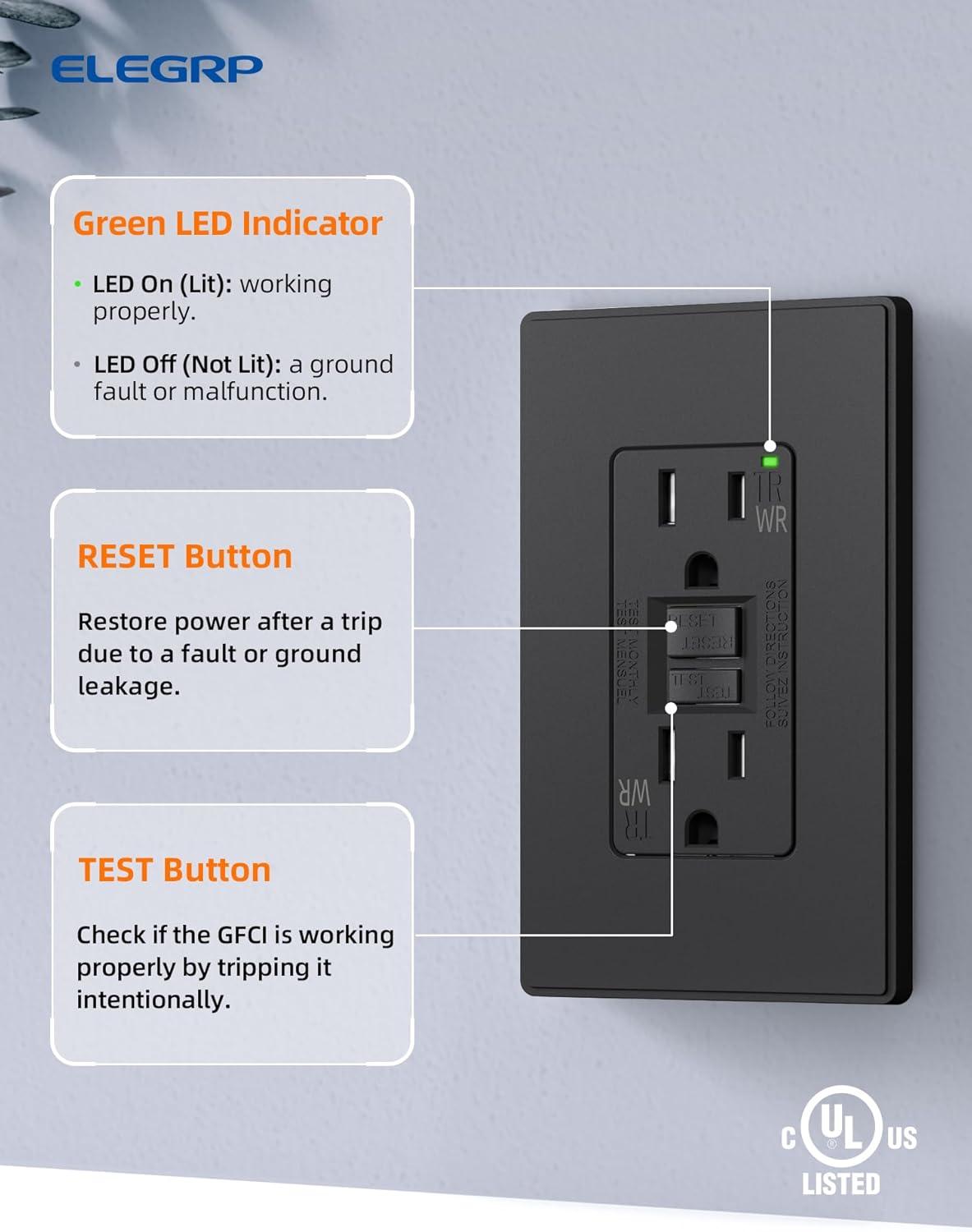 ELEGRP GFCI Outlet Outdoor, 15 Amp Self-Test GFI Electrical Outlet with Thinner Design, Weather & Tamper Resistant GFCI Receptacle, Ground Fault Receptacle with Screwless Wall Plate, UL Listed, Black