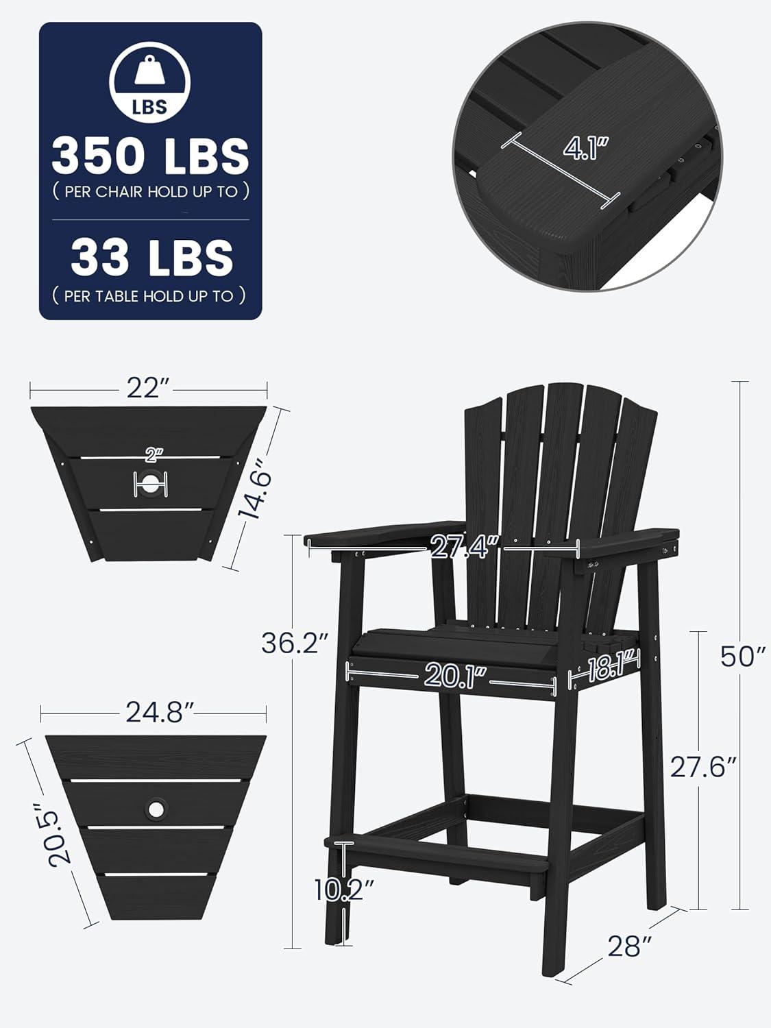 JUSTLET Tall Plastic Adirondack Chair Set of 2 W/ Outdoor Barstools and Connecting Tray, Brown