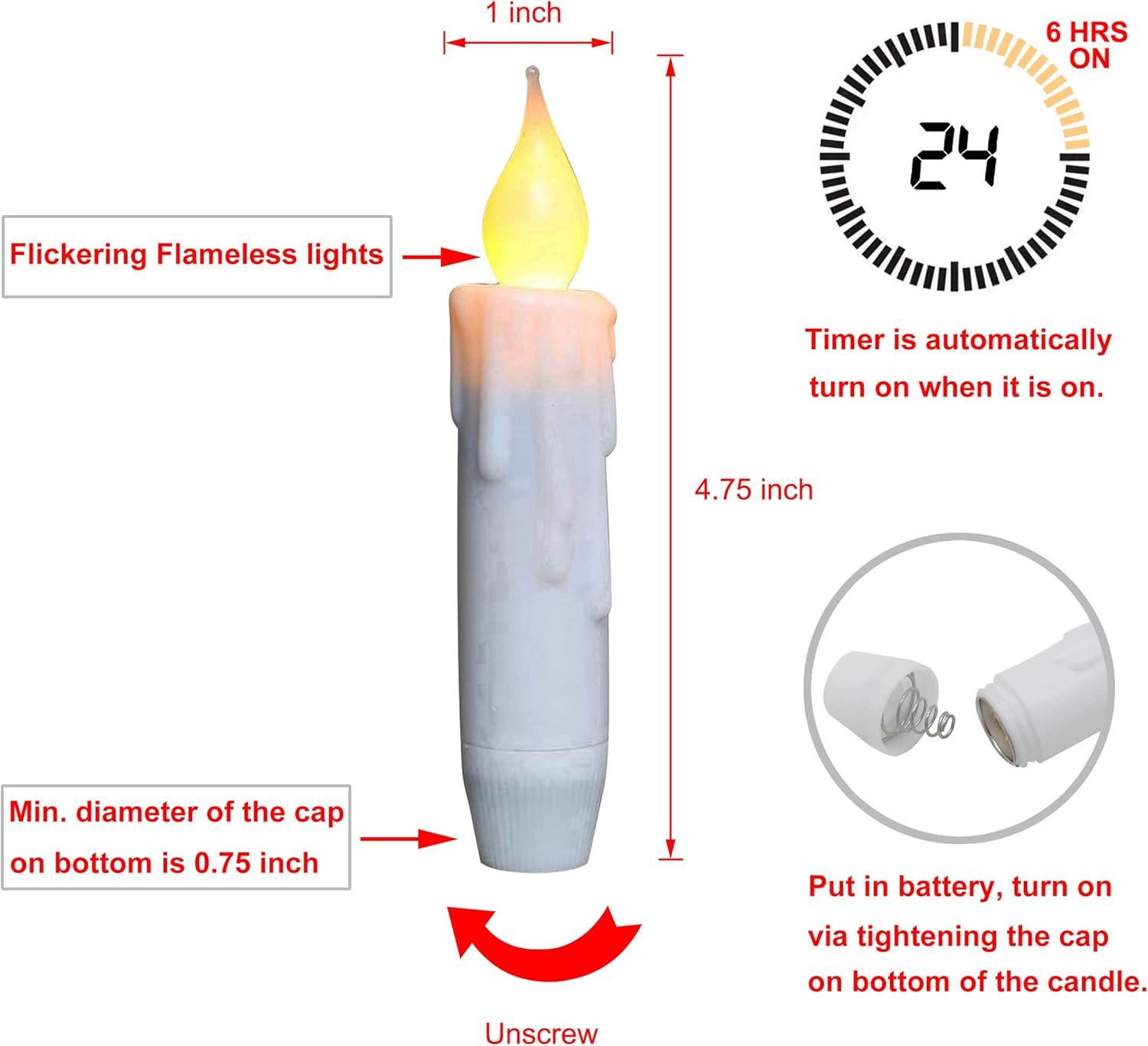 CVHOMEDECO. Flickering Taper Candles LED Drip Flameless Candles, Battery Operated with Timer, White, 4-3/4 Inch, Set of 6