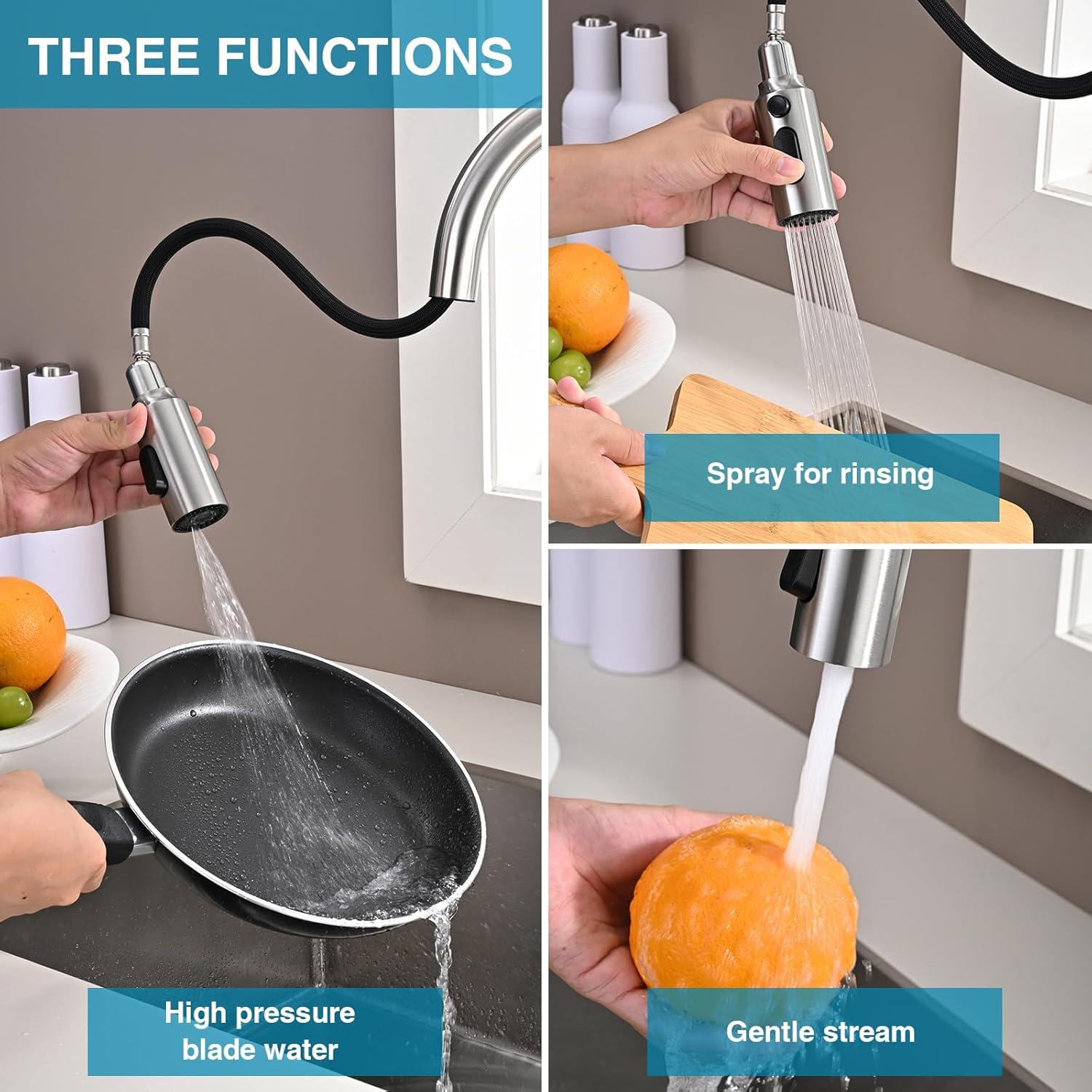 3 Functions Kitchen Faucet Spray Head Replacement with 9 Adapter Kits in Brushed Nickel