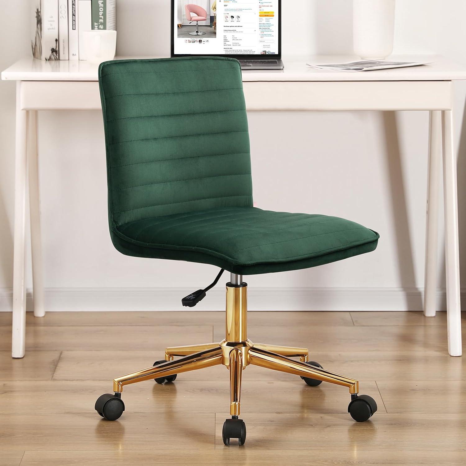 Dark Green Velvet Armless Swivel Task Chair with Gold Base