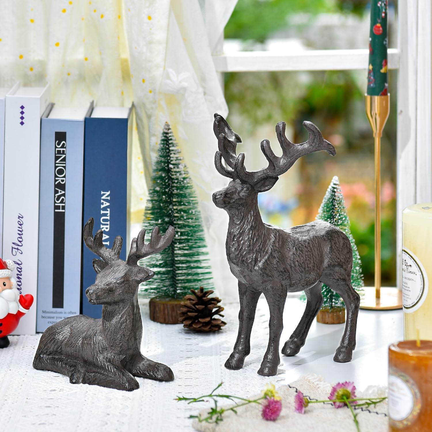 Sungmor Cast Iron Deer Statue, Christmas Reindeer Figurine, Rustic Brown Heavy Standing Elk Vintage Home Decor Sculpture, Indoor Outdoor Shelf Tabletop Holiday Decorations