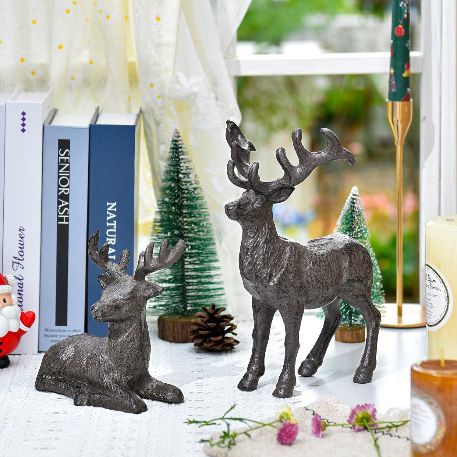 Sungmor Cast Iron Deer Statue, Christmas Reindeer Figurine, Rustic Brown Heavy Standing Elk Vintage Home Decor Sculpture, Indoor Outdoor Shelf Tabletop Holiday Decorations