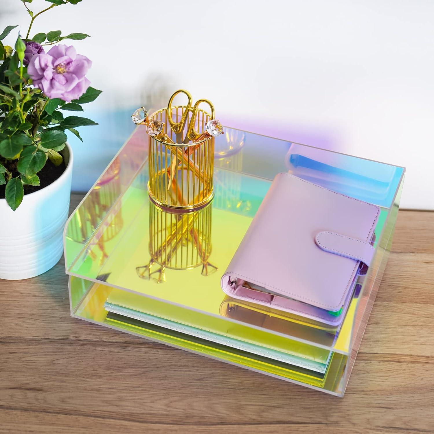 Acrylic Letter Tray 2-Tier Iridescent Stackable Desk Paper Tray Organizer and Office Accessories Supplies, Rainbow Letter Size Desk Accessories Storage Organization (Portrait)