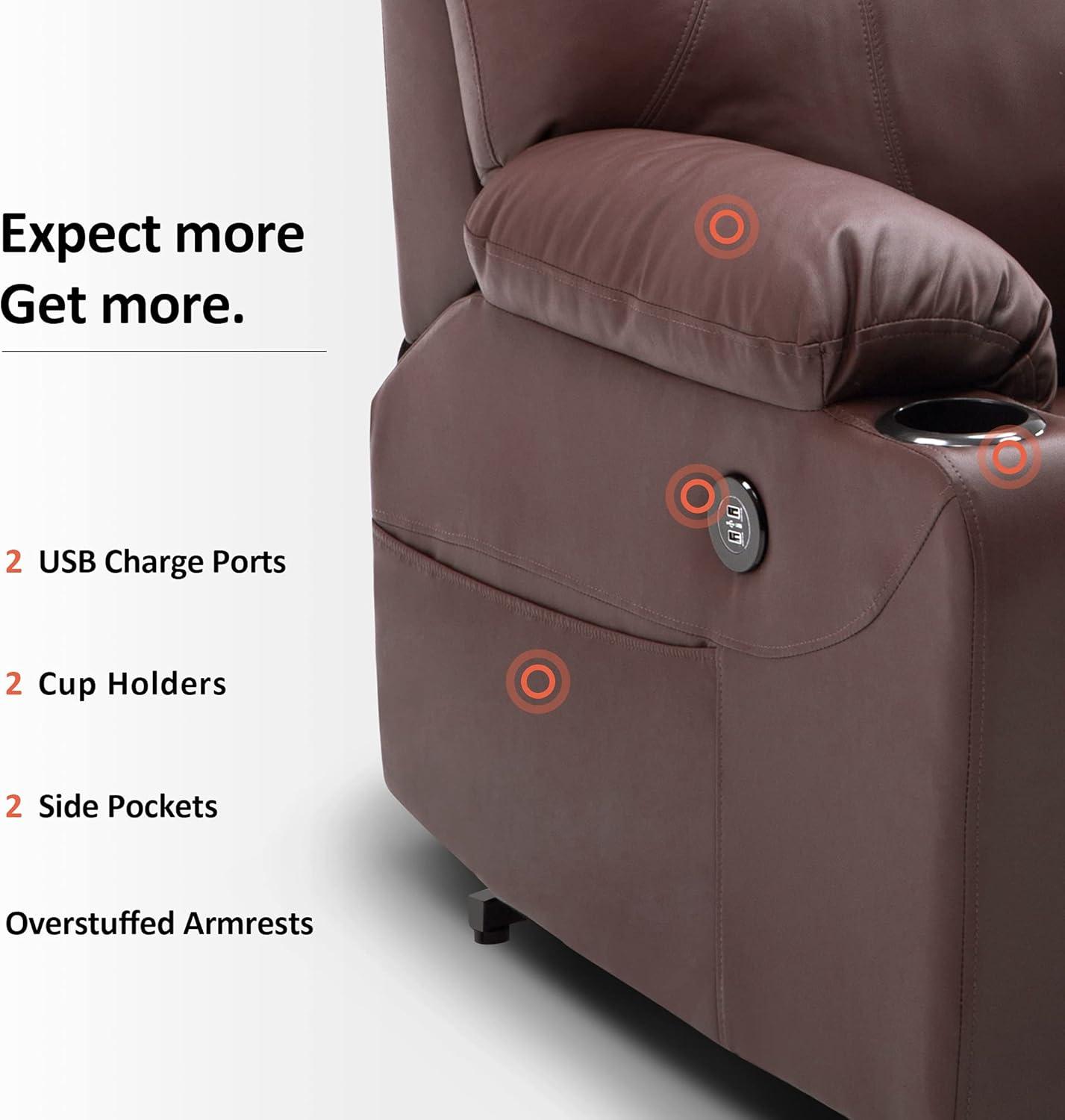 Brown Faux Leather Massage Recliner with USB Ports