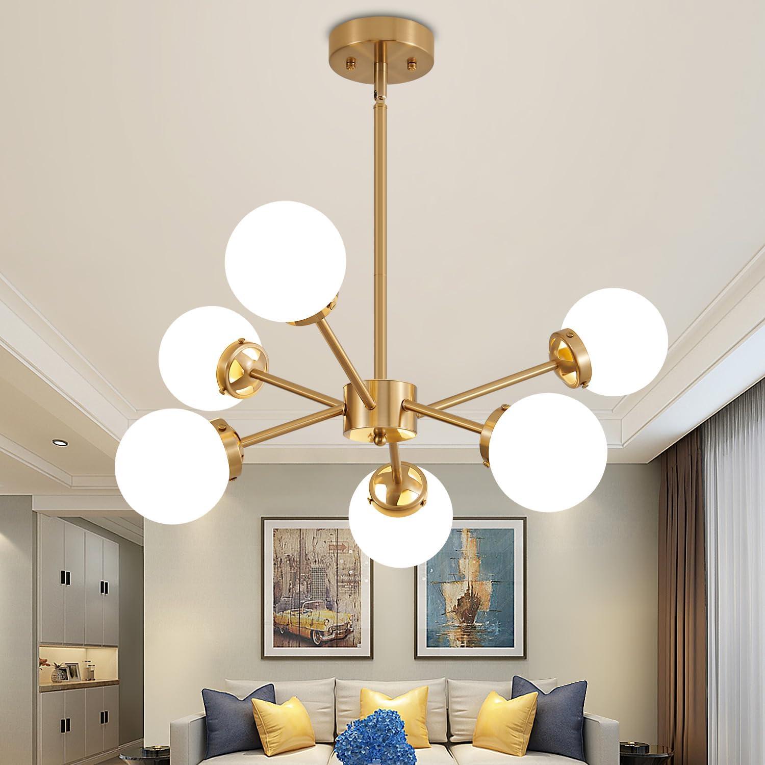 Adjustable Brass Sputnik Chandelier with Milk Glass Shades