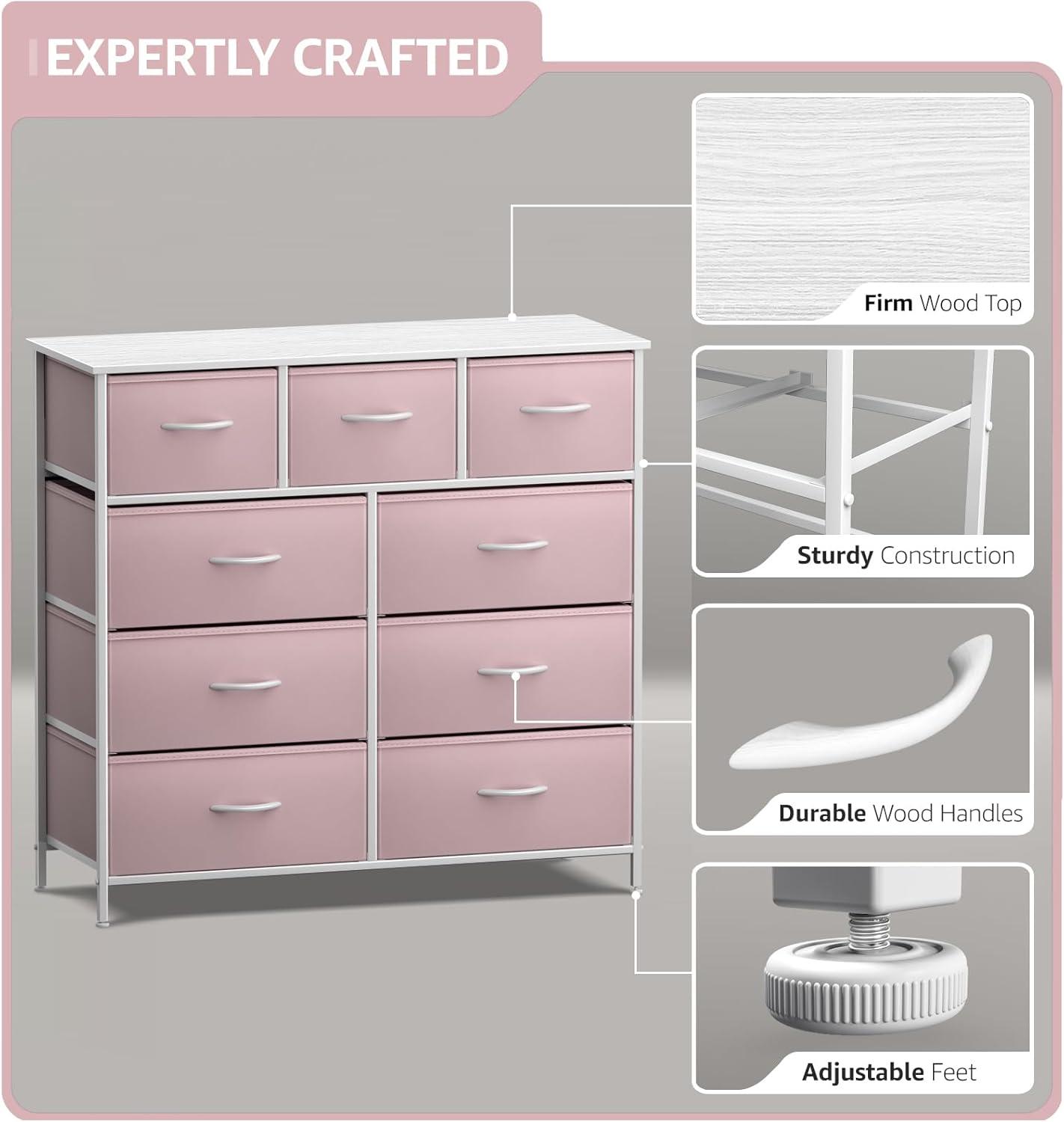 Pink 9-Drawer Fabric Storage Dresser with Steel Frame