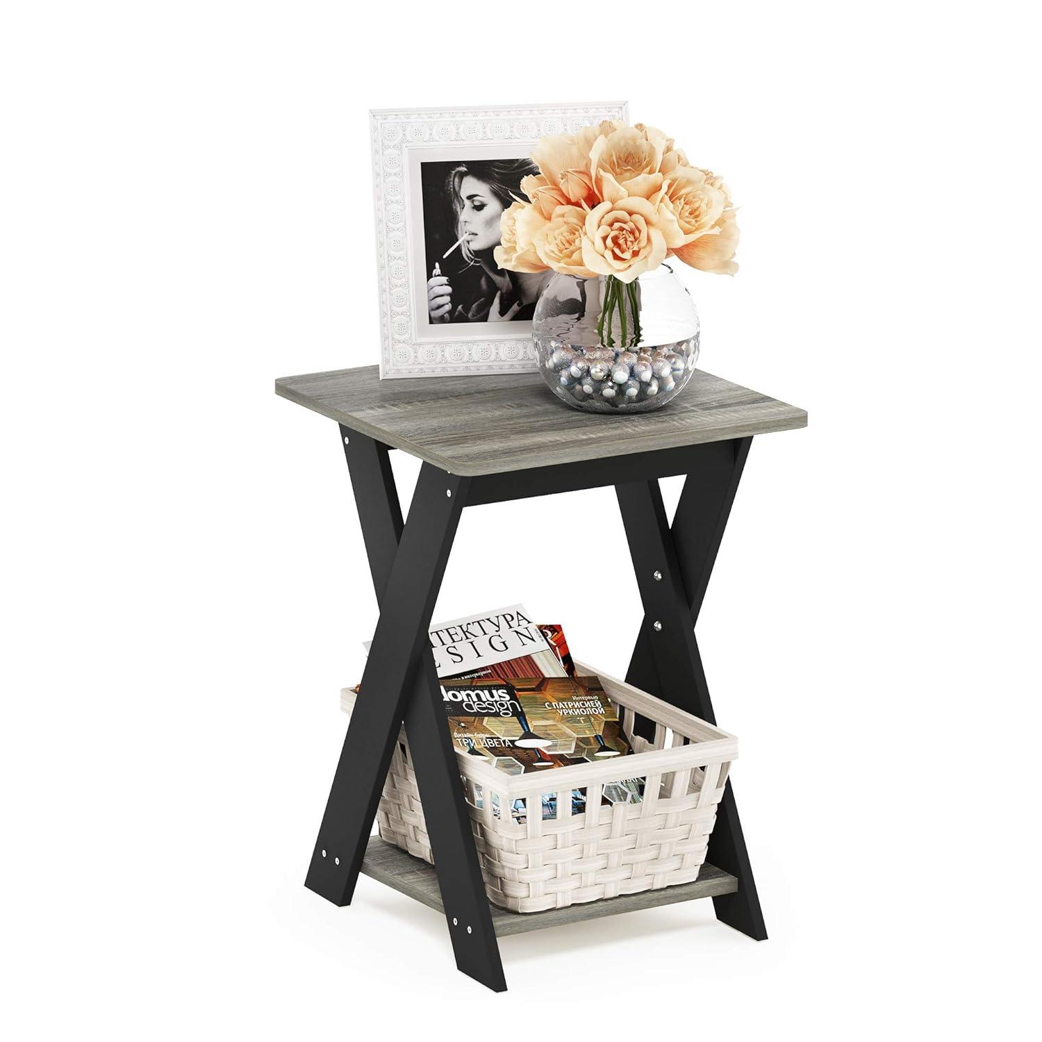 Modern Simplistic Criss-Crossed End Table, French Oak Grey & Black