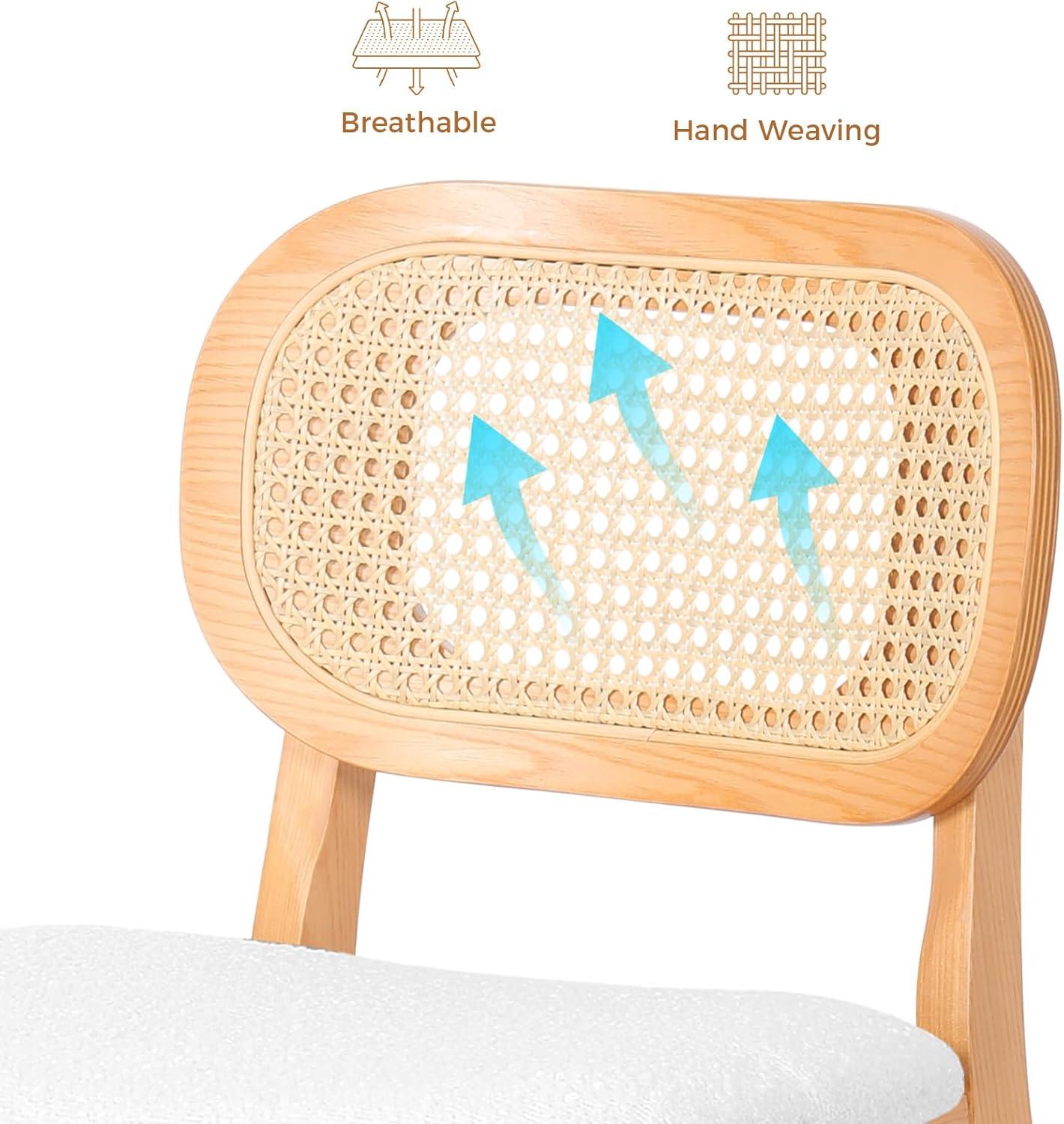 Lucky Monet 25.2" Upholstered Wood Counter Height Bar Stools w/ Rattan Back - 36.81"H x 17.72"W x 18.7"D Set of 3 - White Boucle Fabric/ Natural Frame