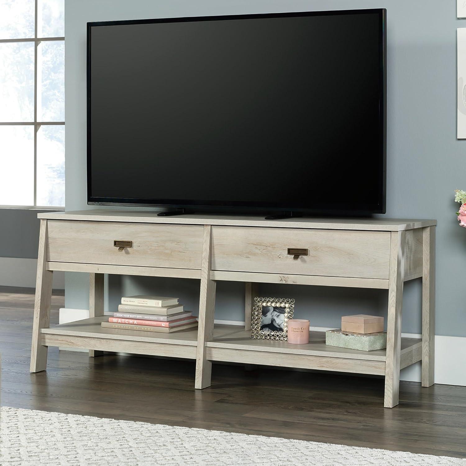 Sauder Trestle TV Stand with Drawers and Shelves for TVs up to 60", Chalked Chestnut Finish