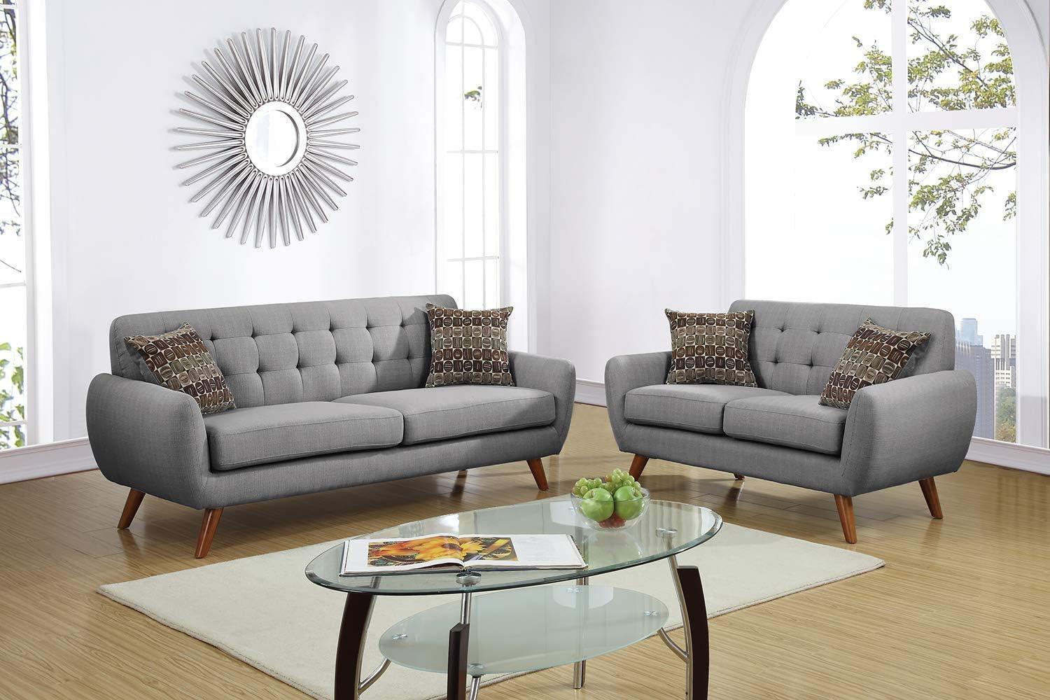 Elevated Grey Polyfiber 2-Piece Sofa and Loveseat Set with Tufted Accents