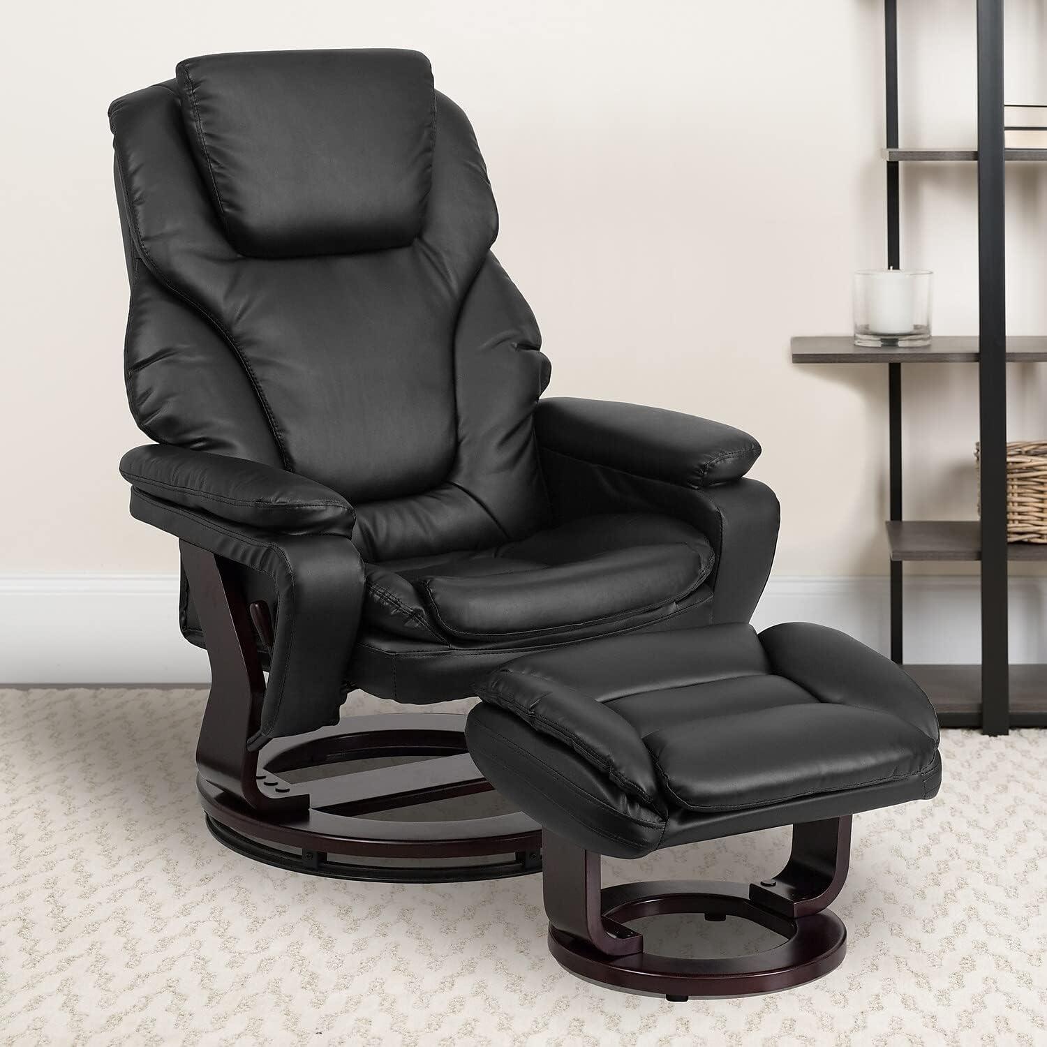 Black Leather Swivel Recliner with Ottoman and Wood Base