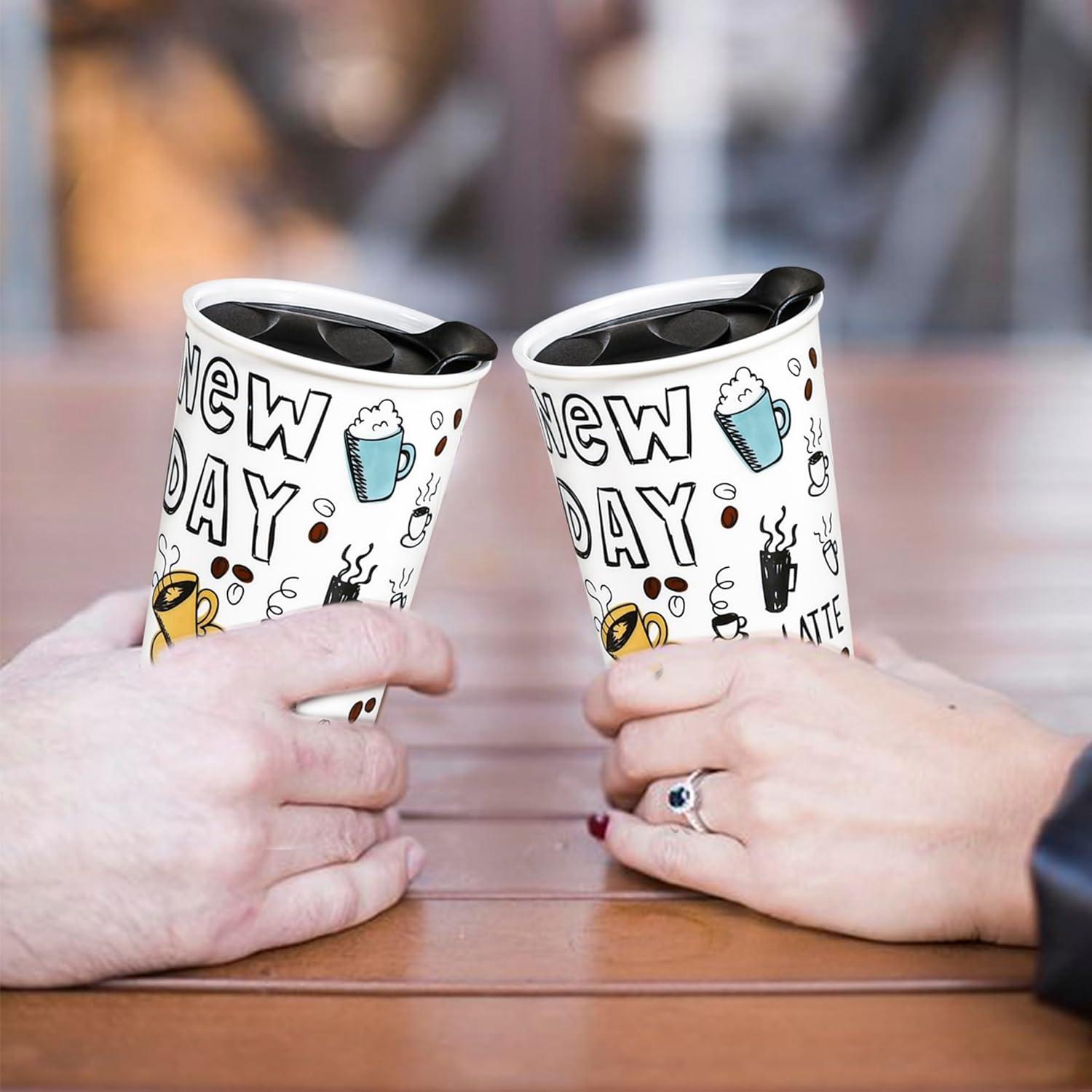 New Day Ceramic Travel Tumbler with Lid, 12 oz, White and Black