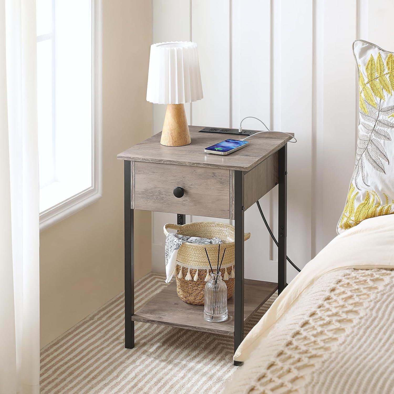 Greige and Black Nightstands with Charging Station and Drawer