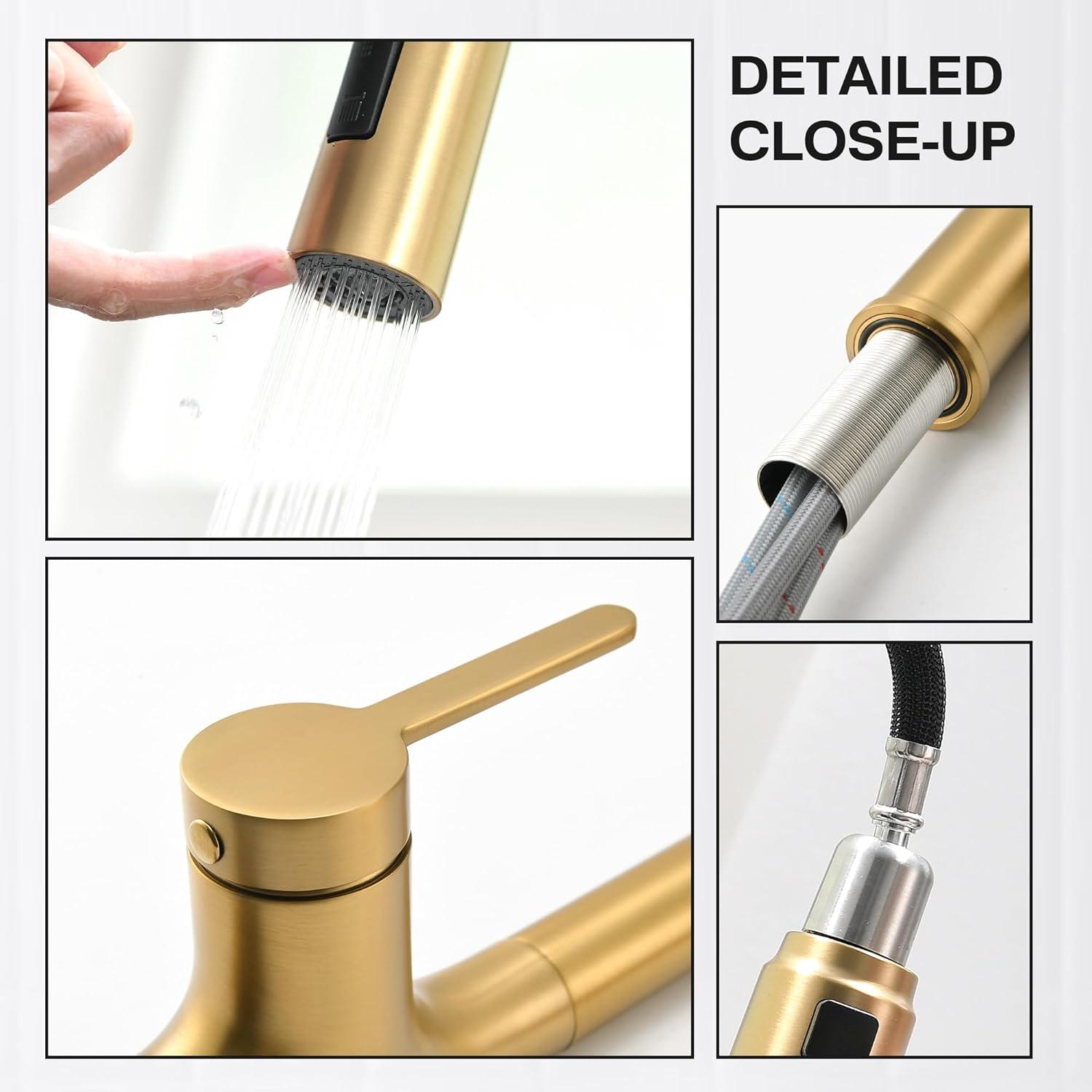 Kitchen Faucet Single Handle Stainless Steel Kitchen Sink Faucet with Pull Out Sprayer Brushed Gold Sprayer and Handle