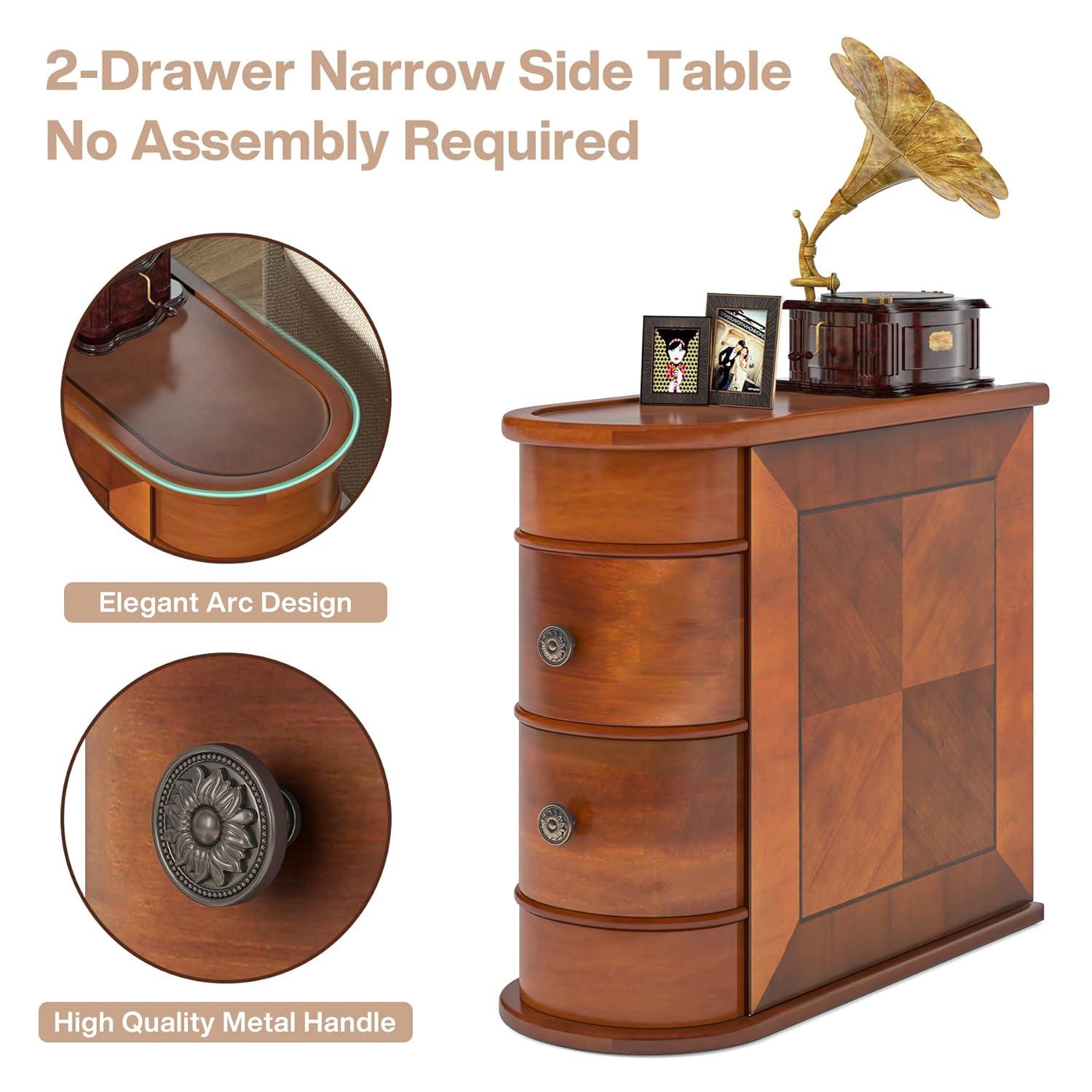 Tribesigns Solid End Table, Set of 2, Two-Drawer Narrow Side Table, Fully Assembled, Brown