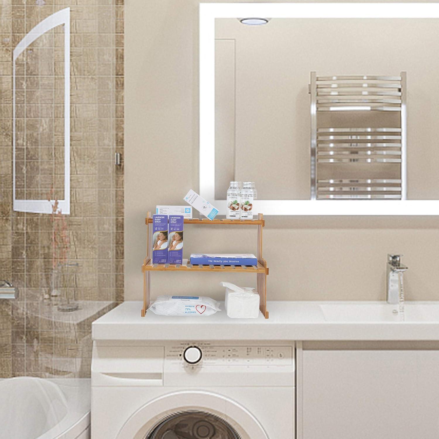 14.6"/18.5" 2 Tiers Bamboo Plant Stand Shelf,Desk Flower Pot Holder,Adjustable Desktop Shelf Display Organizer Ladder Rack For Office Decorate Storage Rack,Kitchen rack (14.6" Length)