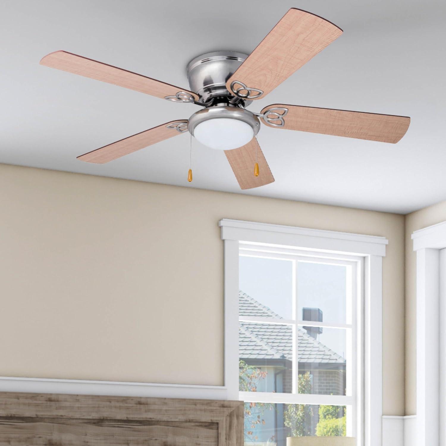 Prominence Home 51428 Benton Hugger/Low Profile Ceiling Fan, 52” Walnut/Maple Blades, LED Globe Light, Brushed Nickel