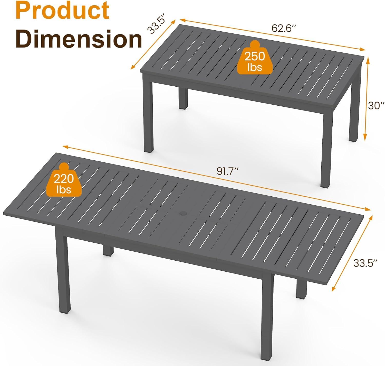 Superjoe Patio Expandable Table Dining Set for 4 to 10, Aluminum Outdoor Dining Table, Rectangular Patio Metal Table with Umbrella Hole for Backyard Porch, Deck ＆ Garden, Easy Assembly, Dark Grey
