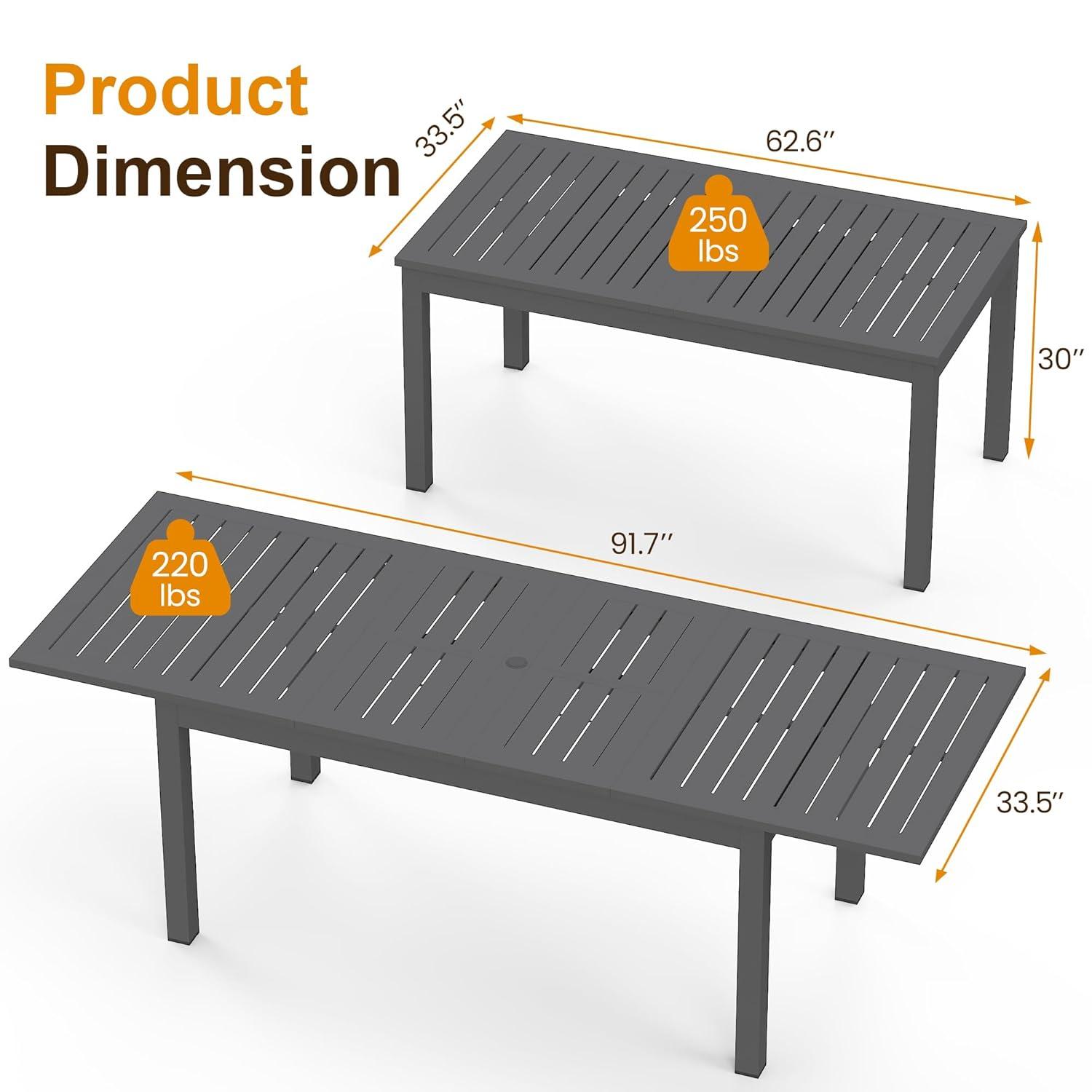 Superjoe Patio Expandable Table Dining Set for 4 to 10, Aluminum Outdoor Dining Table, Rectangular Patio Metal Table with Umbrella Hole for Backyard Porch, Deck ＆ Garden, Easy Assembly, Dark Grey
