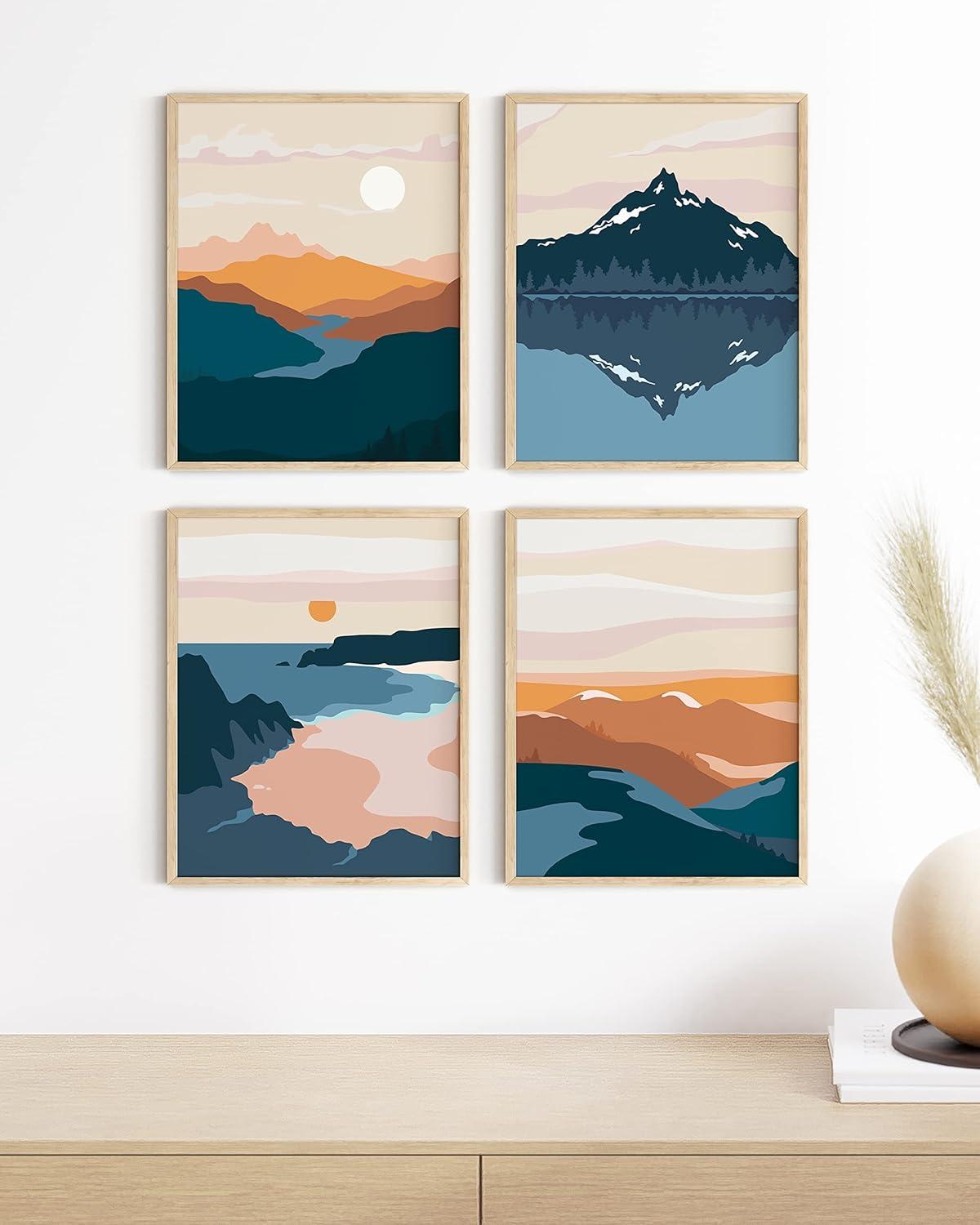 Mid-Century Beige Framed Abstract Landscape Prints, Set of 4