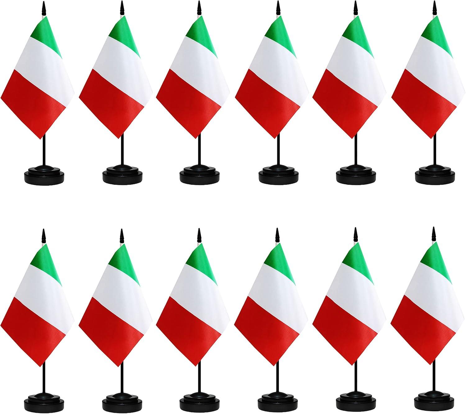 Italy Flags Italian Desk Flag Set Small Mini Italy Table Office Flag with 13" Black Pole, Black Base and Spear Top,Miniature Italian Deluxe Desktop Flag, Home Decoration, Office Decoration, Festival Celebrations(12 Pack )