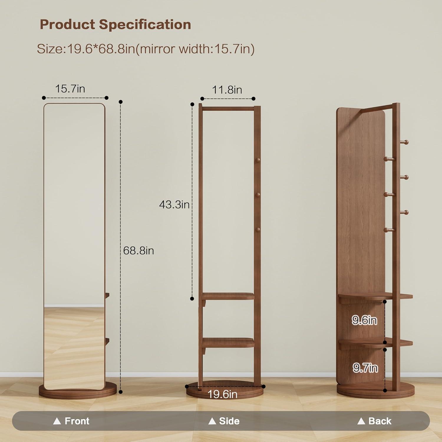 Full Length Mirror with Stand, 360°Swivel Full Body Mirror with Cloak Rack, Modern Standing Mirror for Bedroom Living Room Entryway 65.7" Walnut