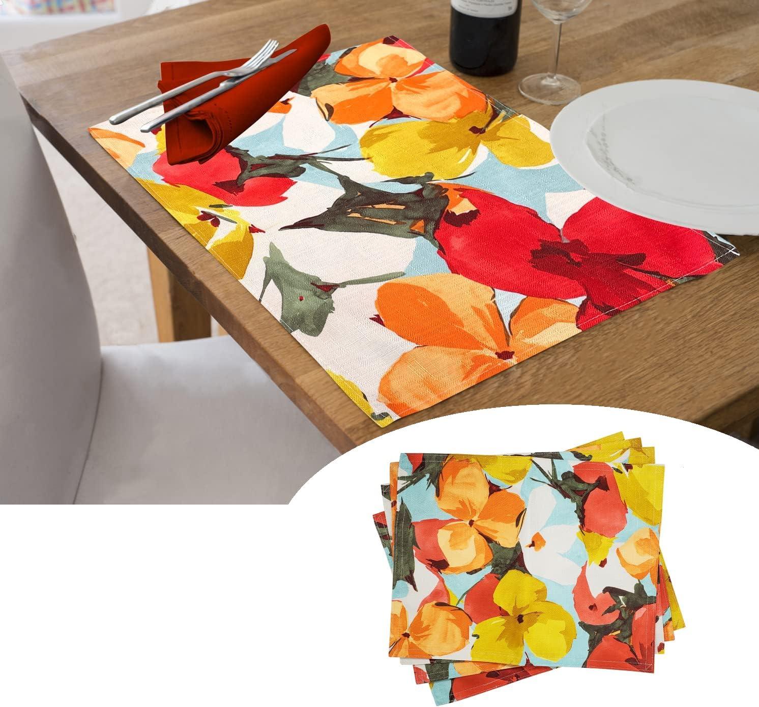 KOVOT Floral Placemat Set of 8 for Indoor or Outdoor Dining | Summer Spring Fall Flower Design 17" x 13" Table Decor | Orange/Yellow