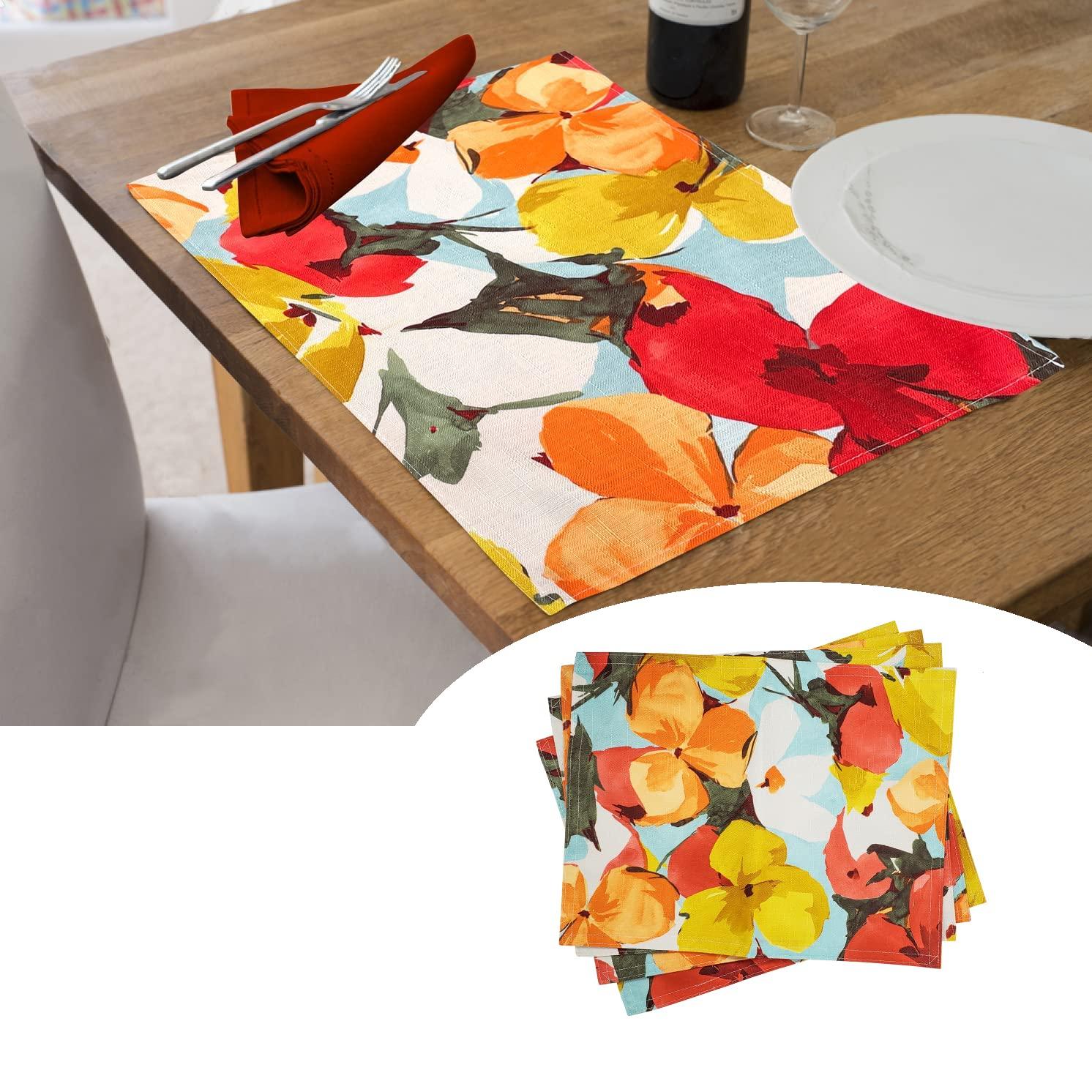KOVOT Floral Placemat Set of 8 for Indoor or Outdoor Dining | Summer Spring Fall Flower Design 17" x 13" Table Decor | Orange/Yellow