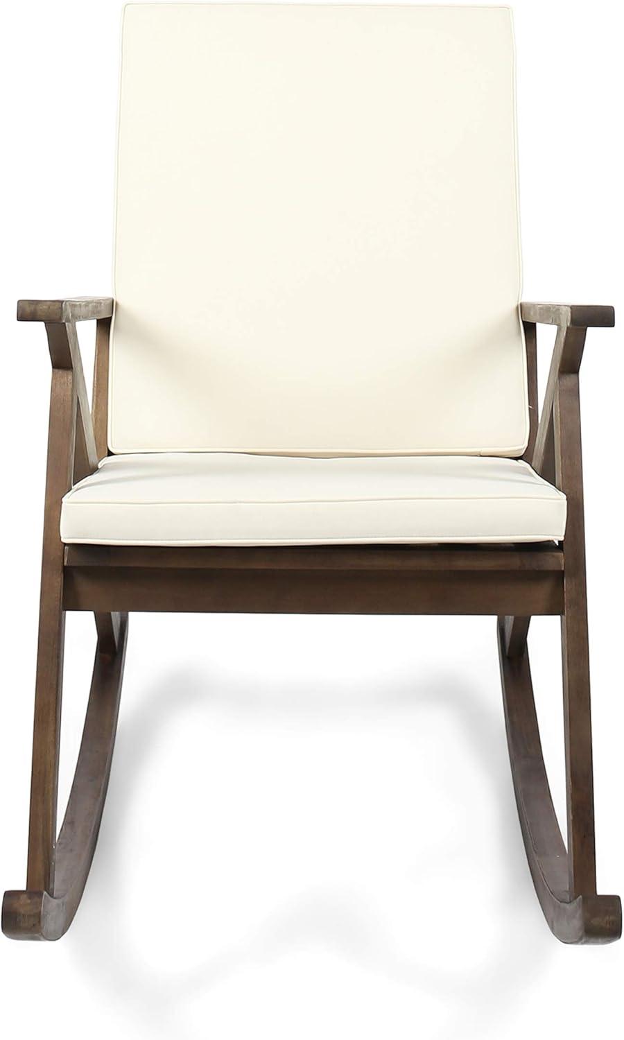 Louise Outdoor Acacia Wood Rocking Chair with Cushion, Dark Brown and Cream