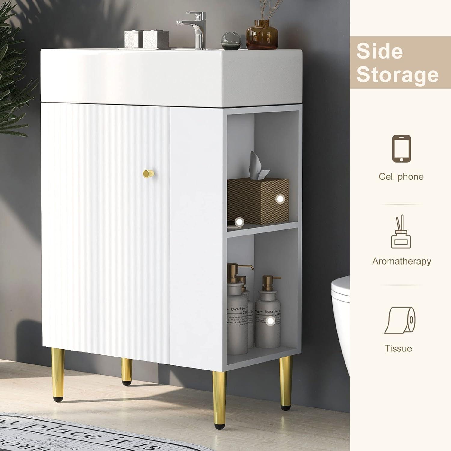 Bellemave 21.6” Bathroom Vanity Set with Sink and Right Side Storage White Bathroom Storage Cabinet with Sink Combo Free-Standing Single Basin Vanity with Door and Shelf (21.6”, Right Side Storage)