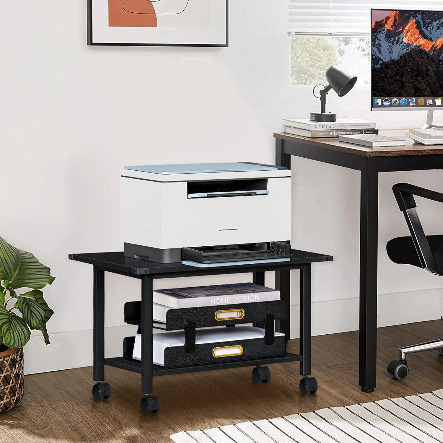 Black Metal 2-Tier Mobile Printer Stand with Shelf